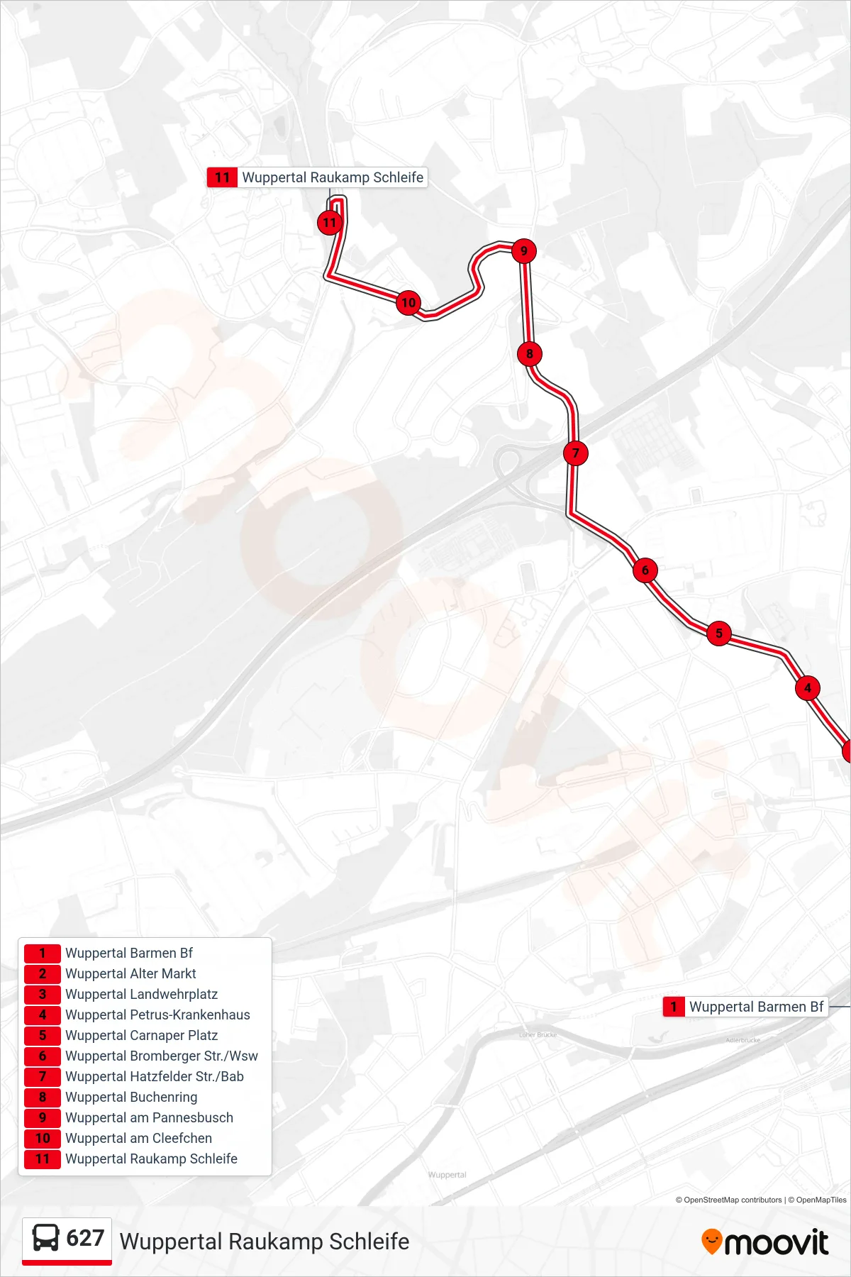Linie 627 (Bus) Richtung Wuppertal Raukamp Schleife: Route und Haltestellen auf der Karte