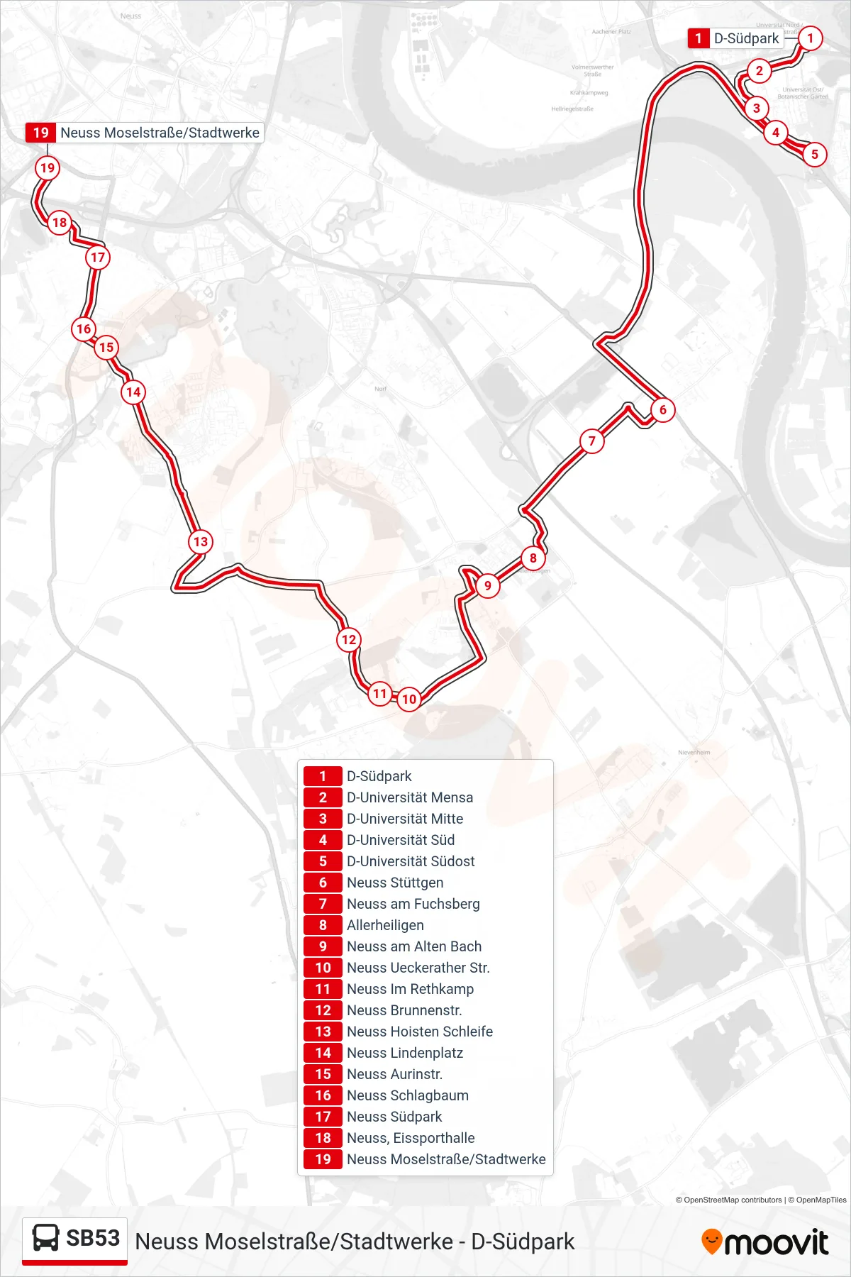 SB53 bus Line (Neuss Moselstraße/Stadtwerke) route and stops on a map