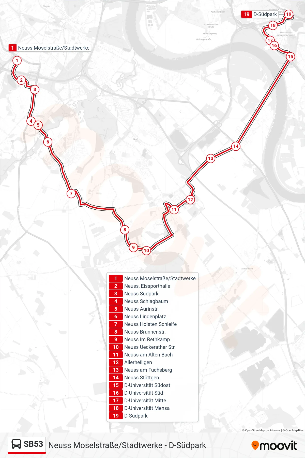 Linie SB53 (Bus) Richtung D-Südpark: Route und Haltestellen auf der Karte