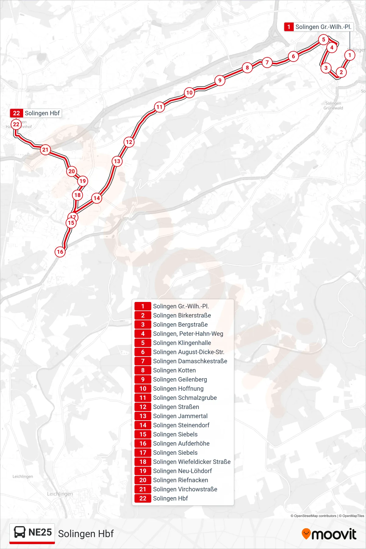 NE25 bus Line (Solingen Hbf) route and stops on a map