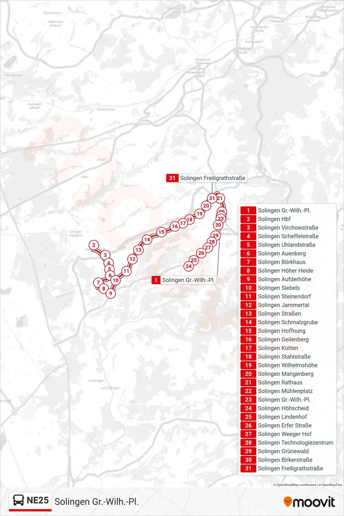 Linie NE25 (Bus) Richtung Solingen Gr.-Wilh.-Pl.: Route und Haltestellen auf der Karte