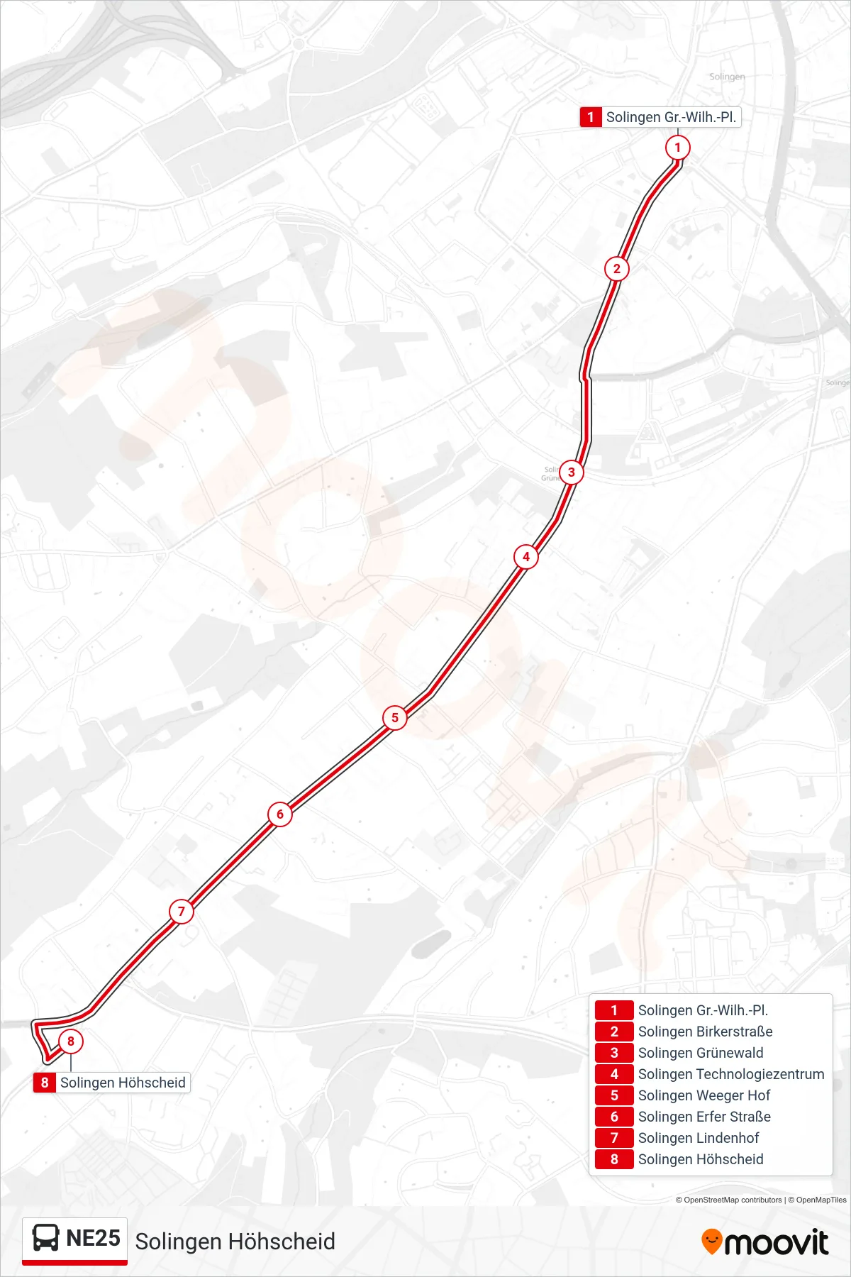 Linie NE25 (Bus) Richtung Solingen Höhscheid: Route und Haltestellen auf der Karte