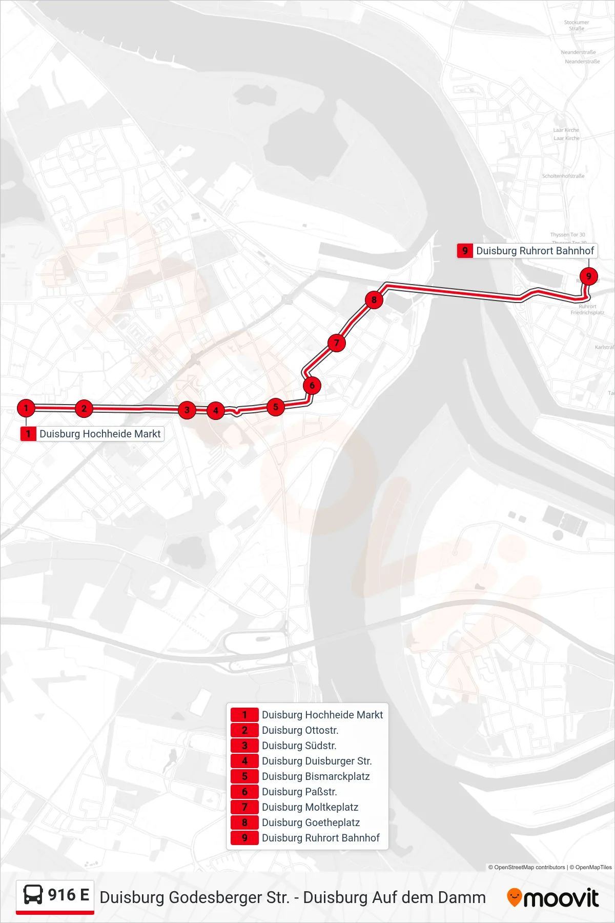 Linie 916 E (Bus) Richtung Duisburg Ruhrort Bahnhof: Route und Haltestellen auf der Karte