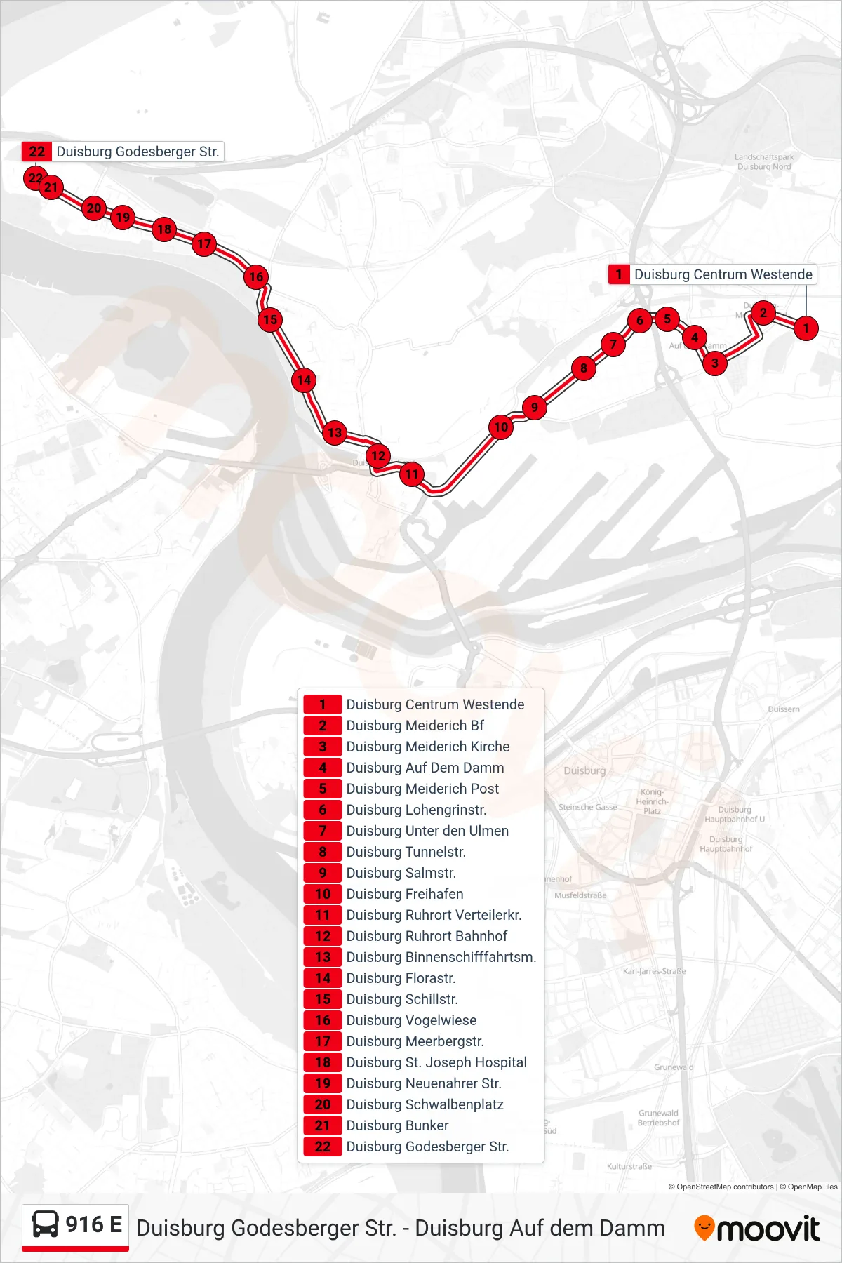 Linie 916 E (Bus) Richtung Duisburg Godesberger Str.: Route und Haltestellen auf der Karte