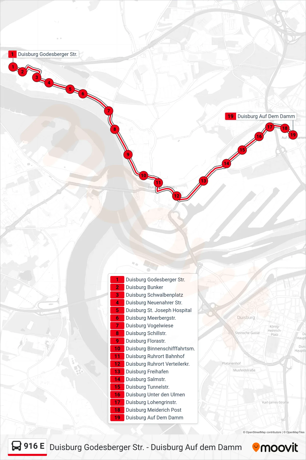 Linie 916 E (Bus) Richtung Duisburg Auf Dem Damm: Route und Haltestellen auf der Karte