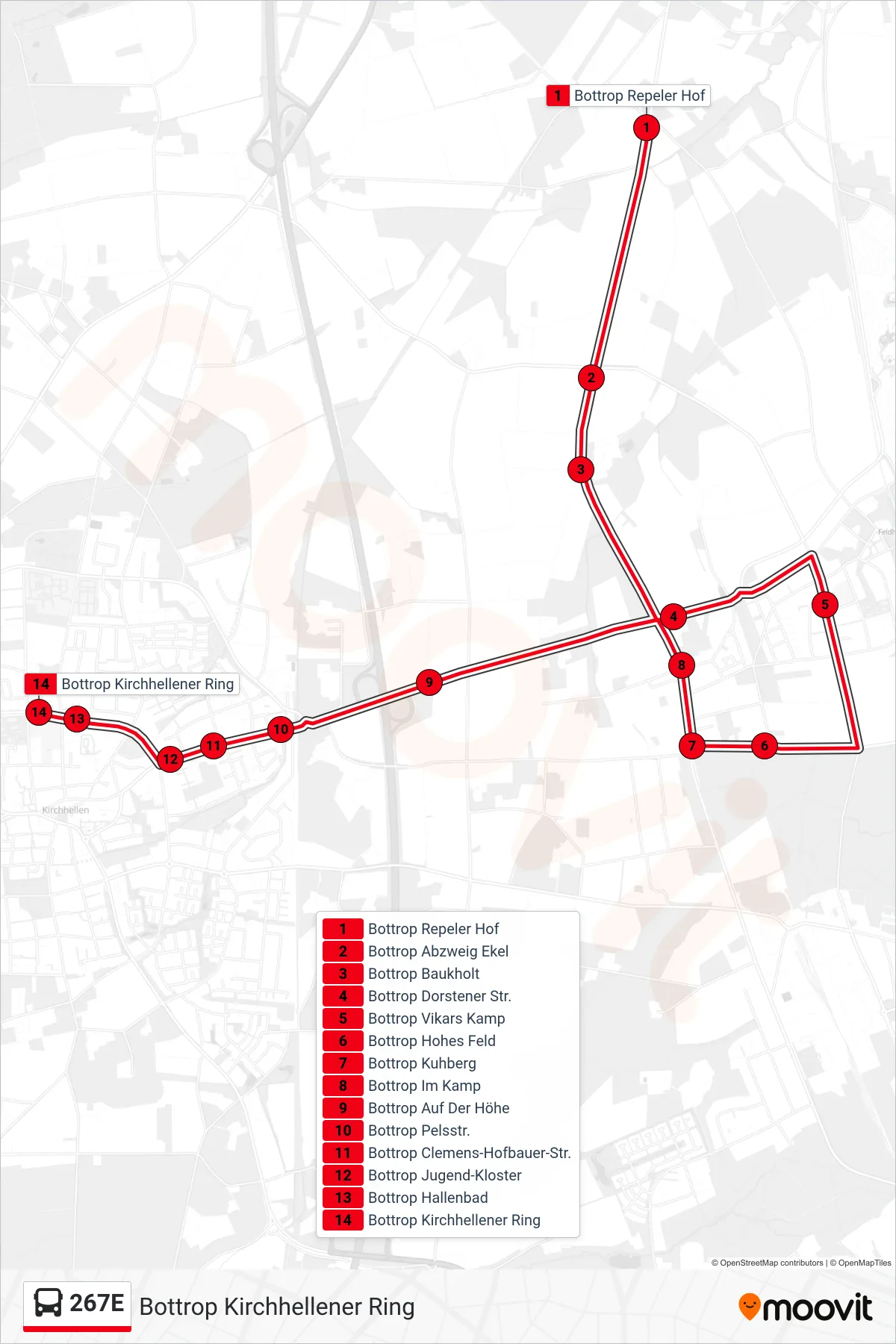 267E bus Line (Bottrop Kirchhellener Ring) route and stops on a map