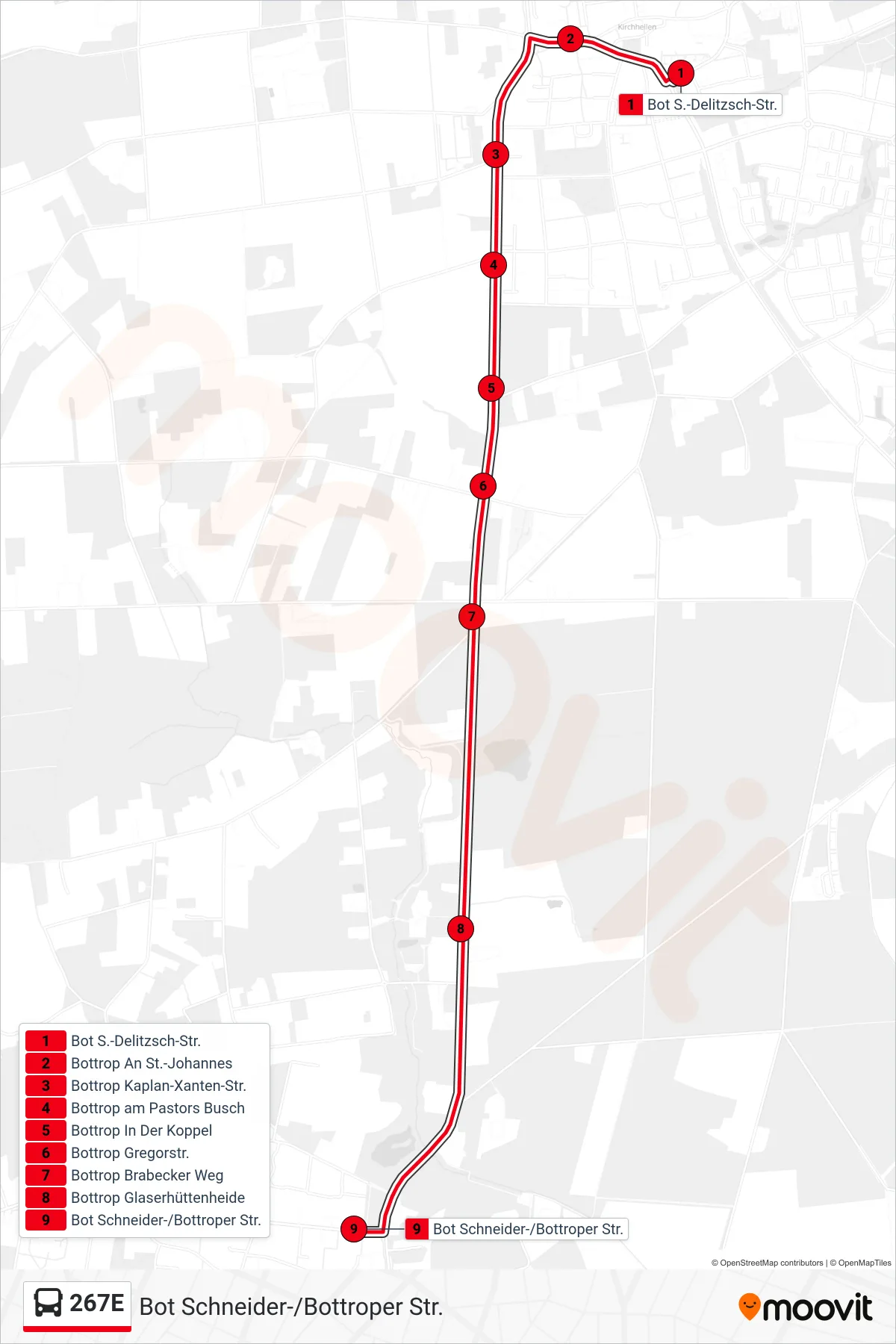 Linie 267E (Bus) Richtung Bot Schneider-/Bottroper Str.: Route und Haltestellen auf der Karte
