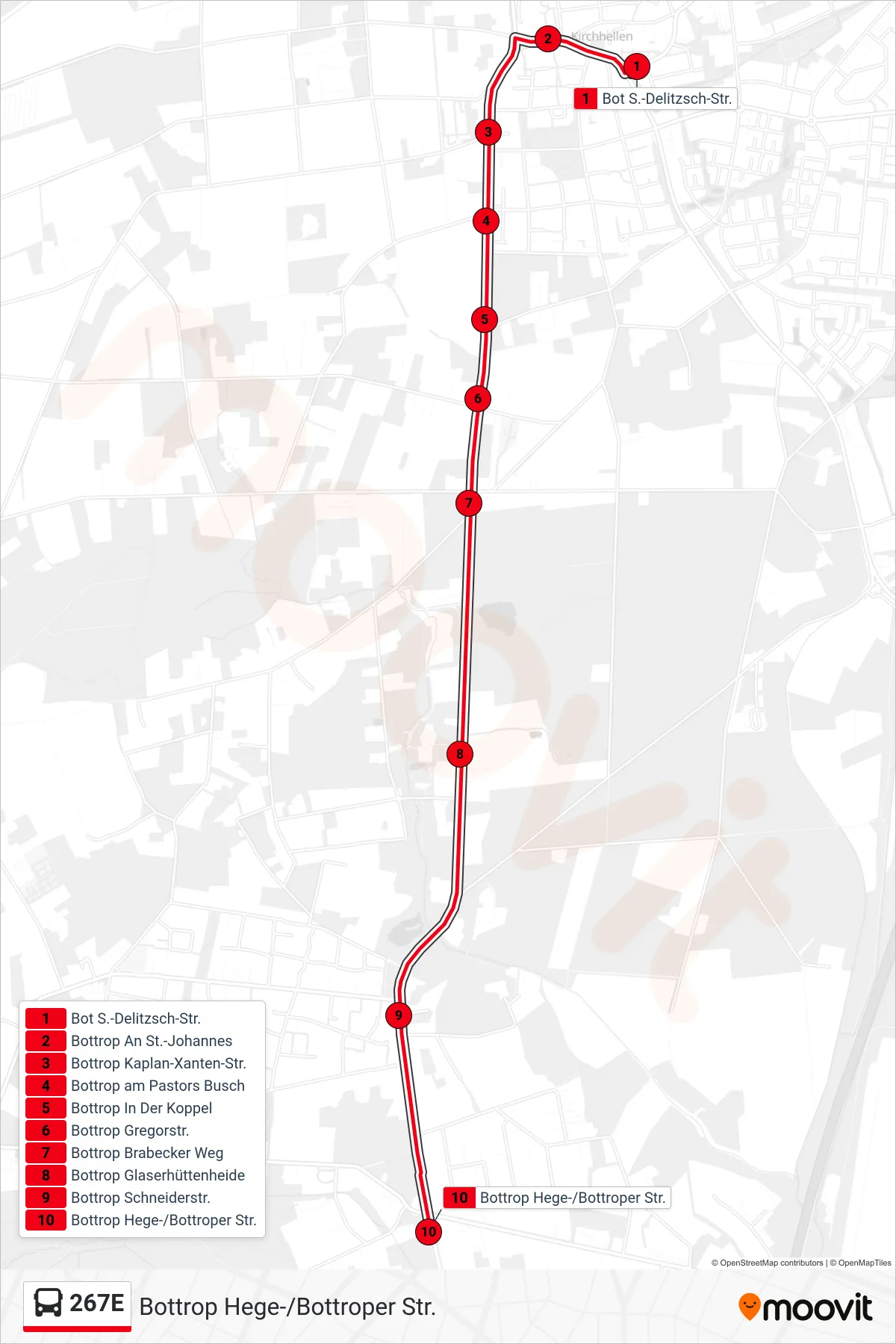 Linie 267E (Bus) Richtung Bottrop Hege-/Bottroper Str.: Route und Haltestellen auf der Karte