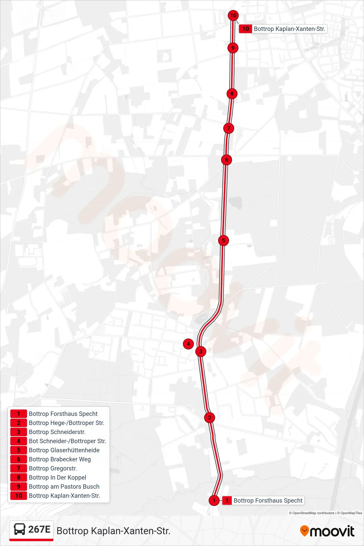 267E bus Line (Bottrop Kaplan-Xanten-Str.) route and stops on a map