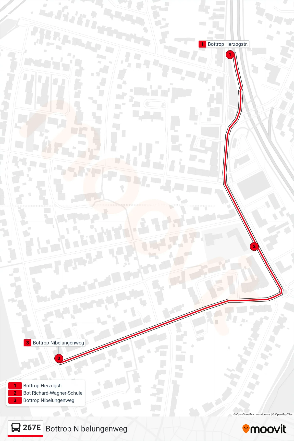 267E bus Line (Bottrop Nibelungenweg) route and stops on a map