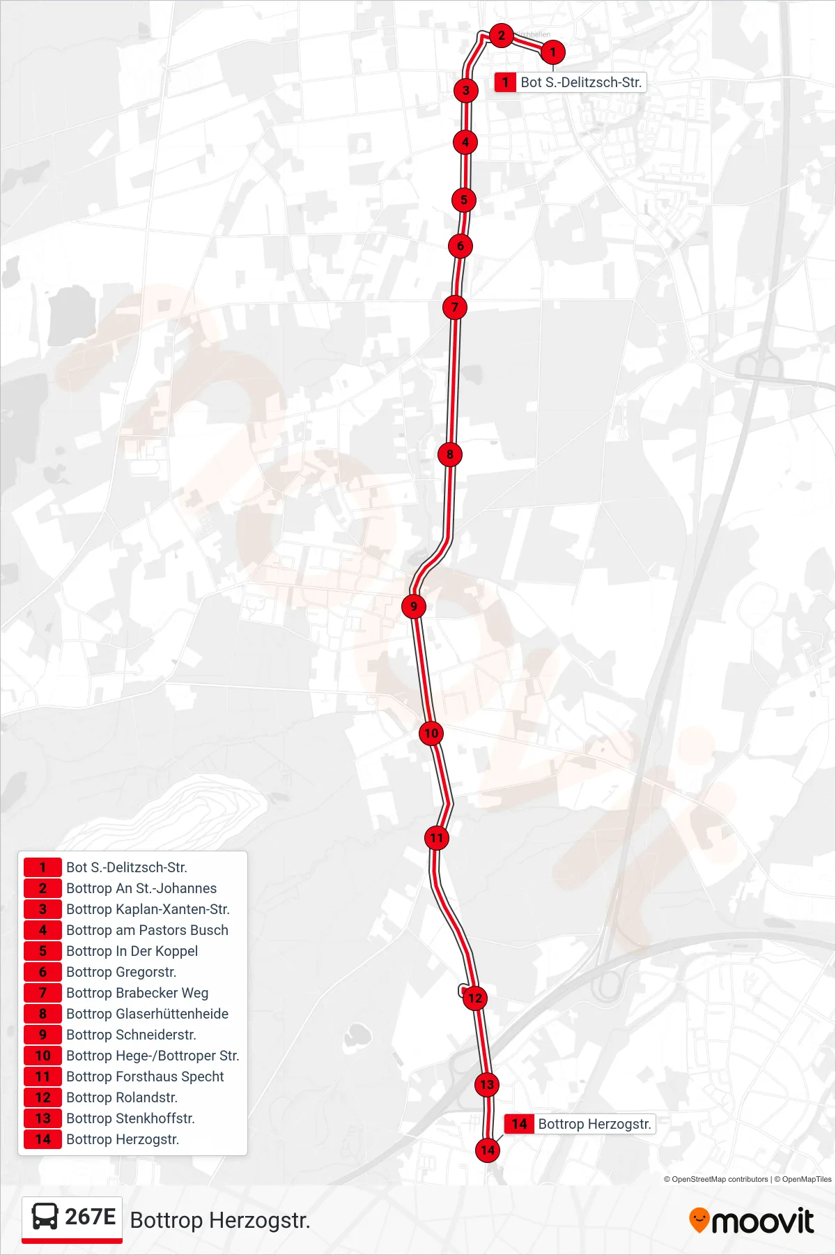 Linie 267E (Bus) Richtung Bottrop Herzogstr.: Route und Haltestellen auf der Karte