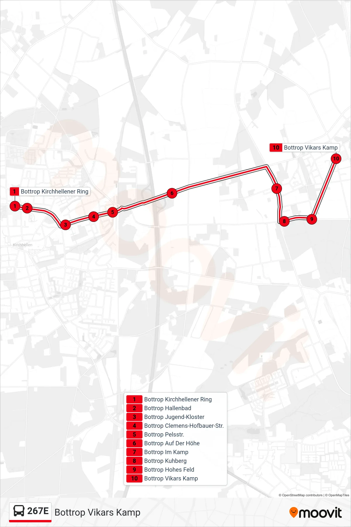 267E bus Line (Bottrop Vikars Kamp) route and stops on a map