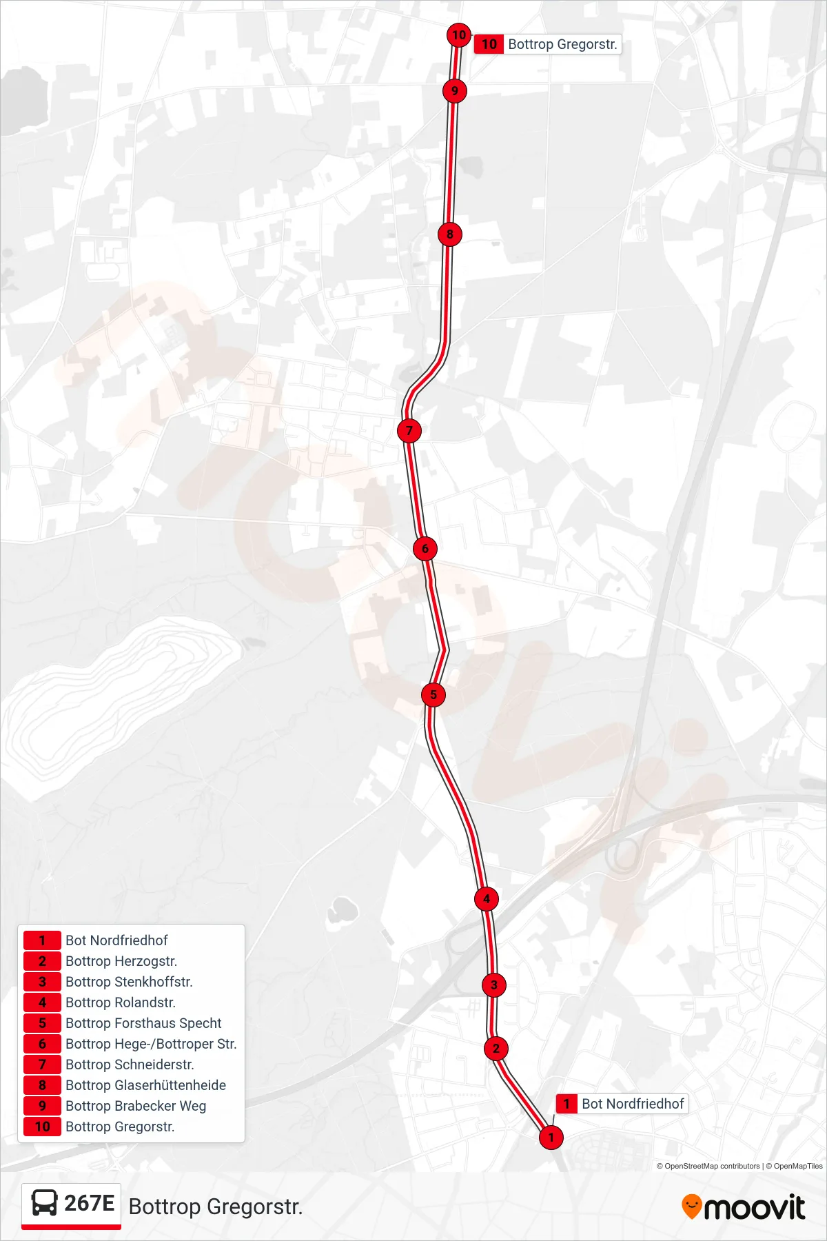 Linie 267E (Bus) Richtung Bottrop Gregorstr.: Route und Haltestellen auf der Karte