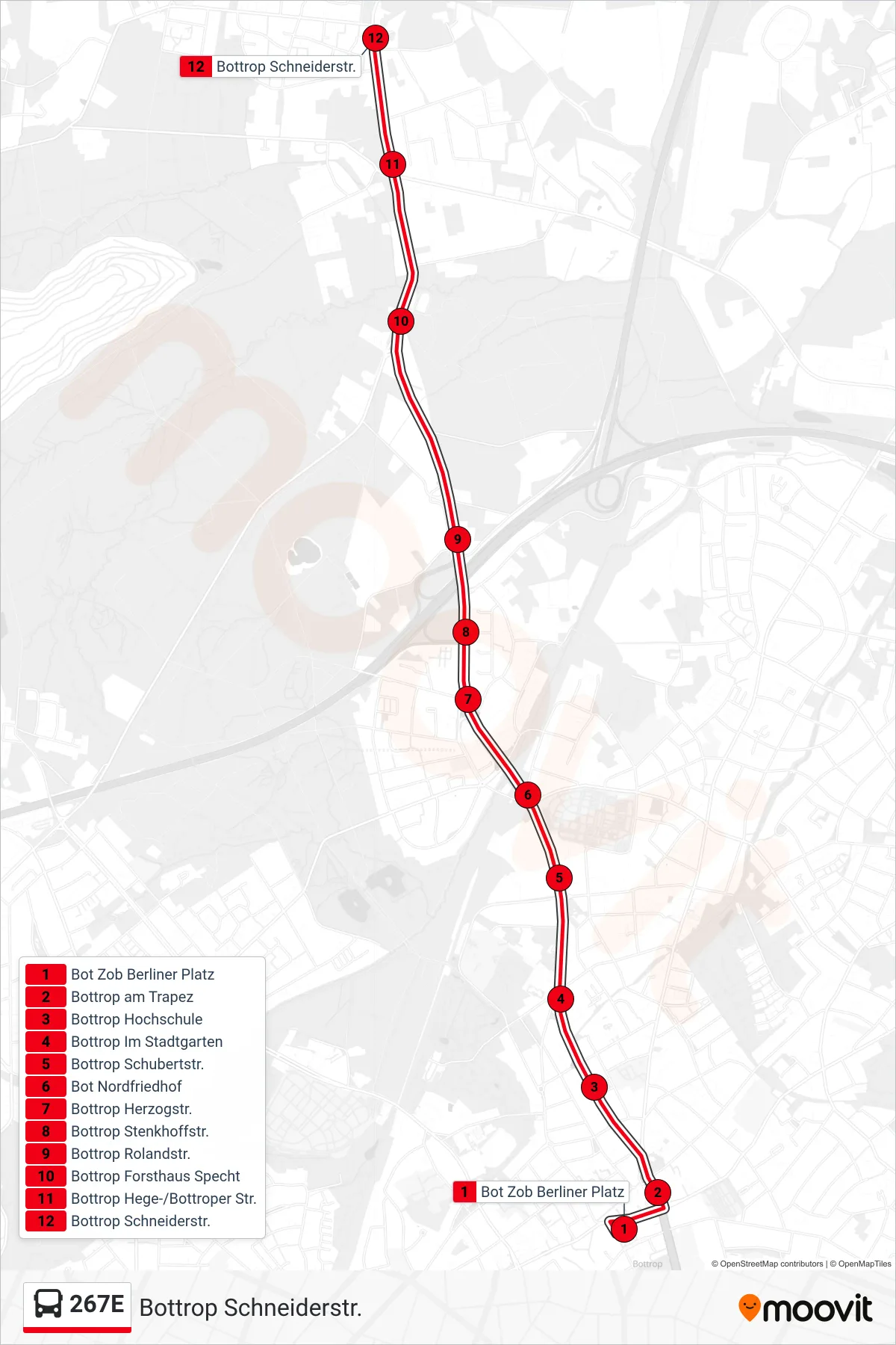267E bus Line (Bottrop Schneiderstr.) route and stops on a map