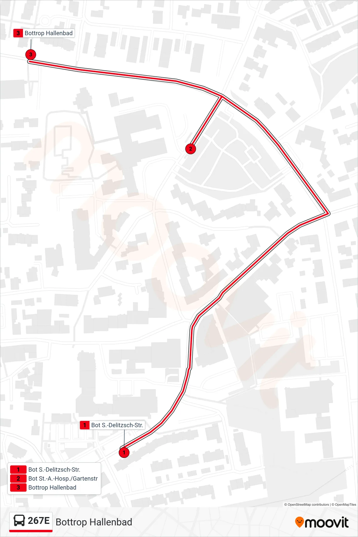 267E bus Line (Bottrop Hallenbad) route and stops on a map