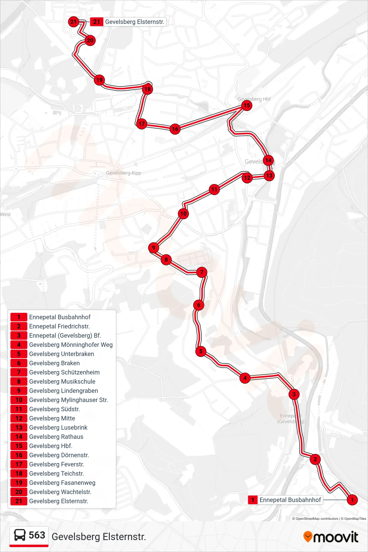 Linie 563 (Bus) Richtung Gevelsberg Elsternstr.: Route und Haltestellen auf der Karte