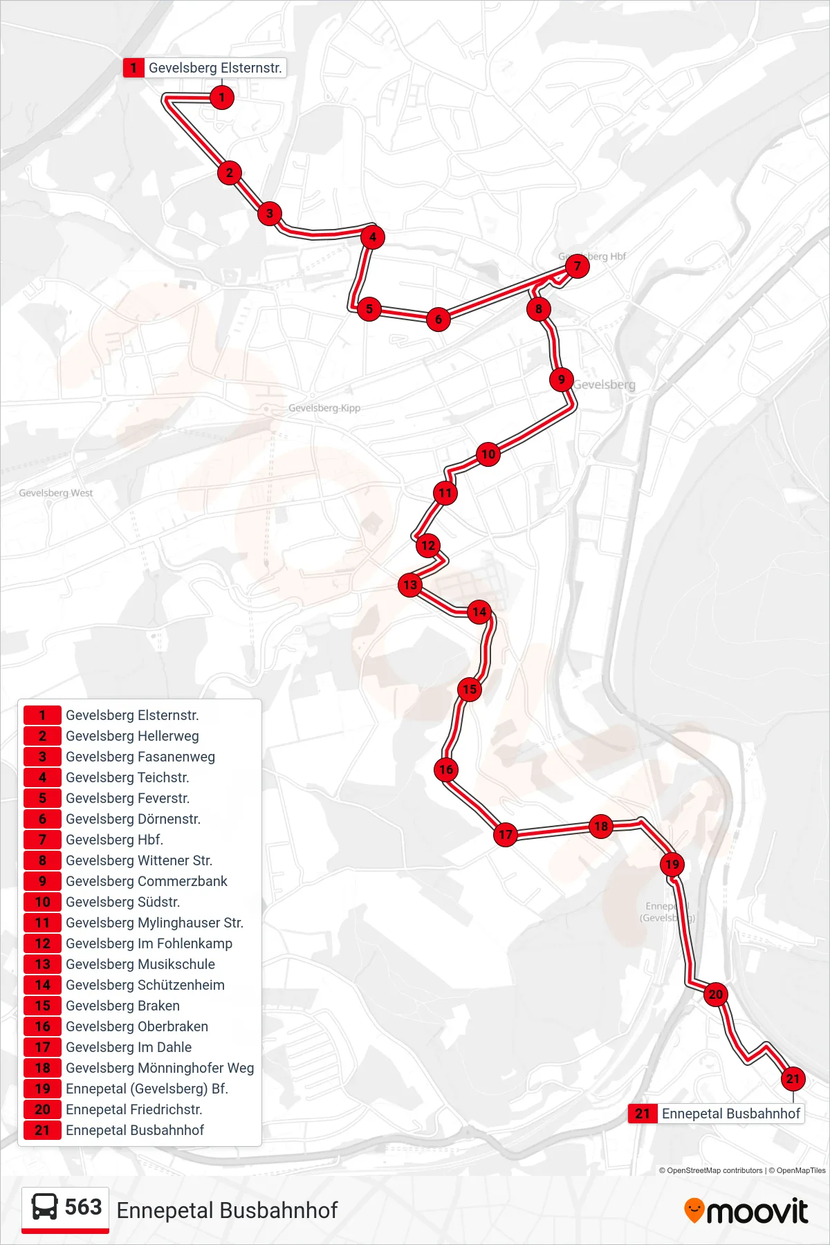 563 bus Line (Ennepetal Busbahnhof) route and stops on a map