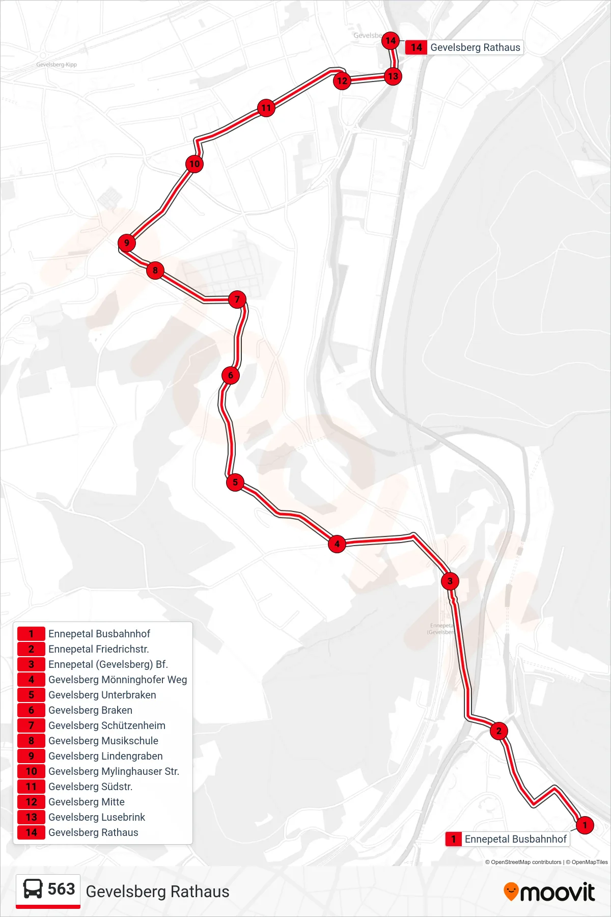 Linie 563 (Bus) Richtung Gevelsberg Rathaus: Route und Haltestellen auf der Karte