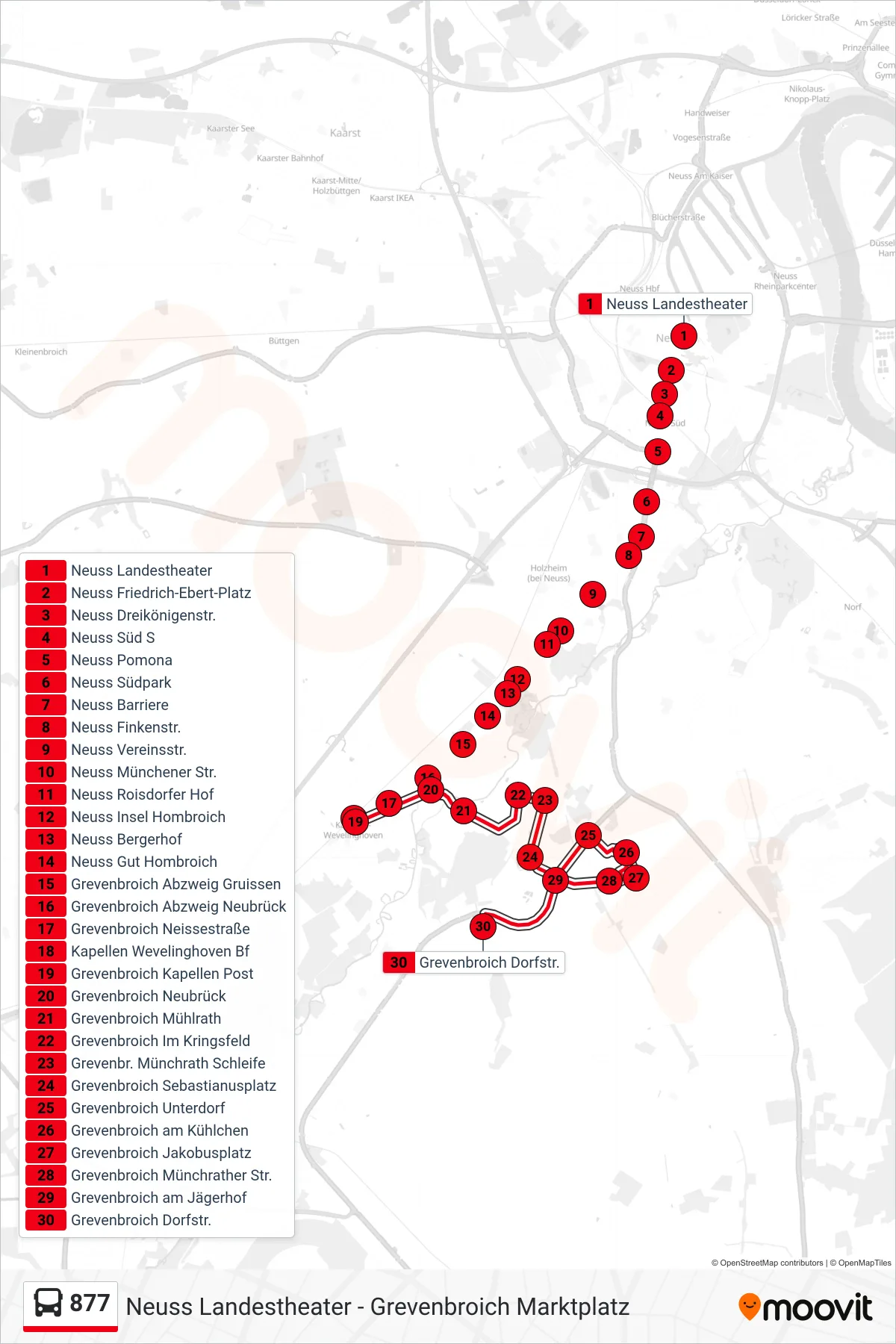 Linie 877 (Bus) Richtung Grevenbroich Dorfstr.: Route und Haltestellen auf der Karte