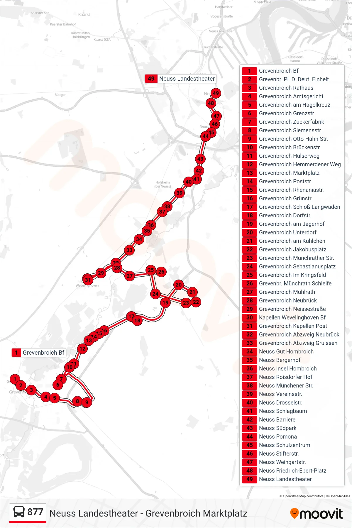 Linie 877 (Bus) Richtung Neuss Landestheater: Route und Haltestellen auf der Karte
