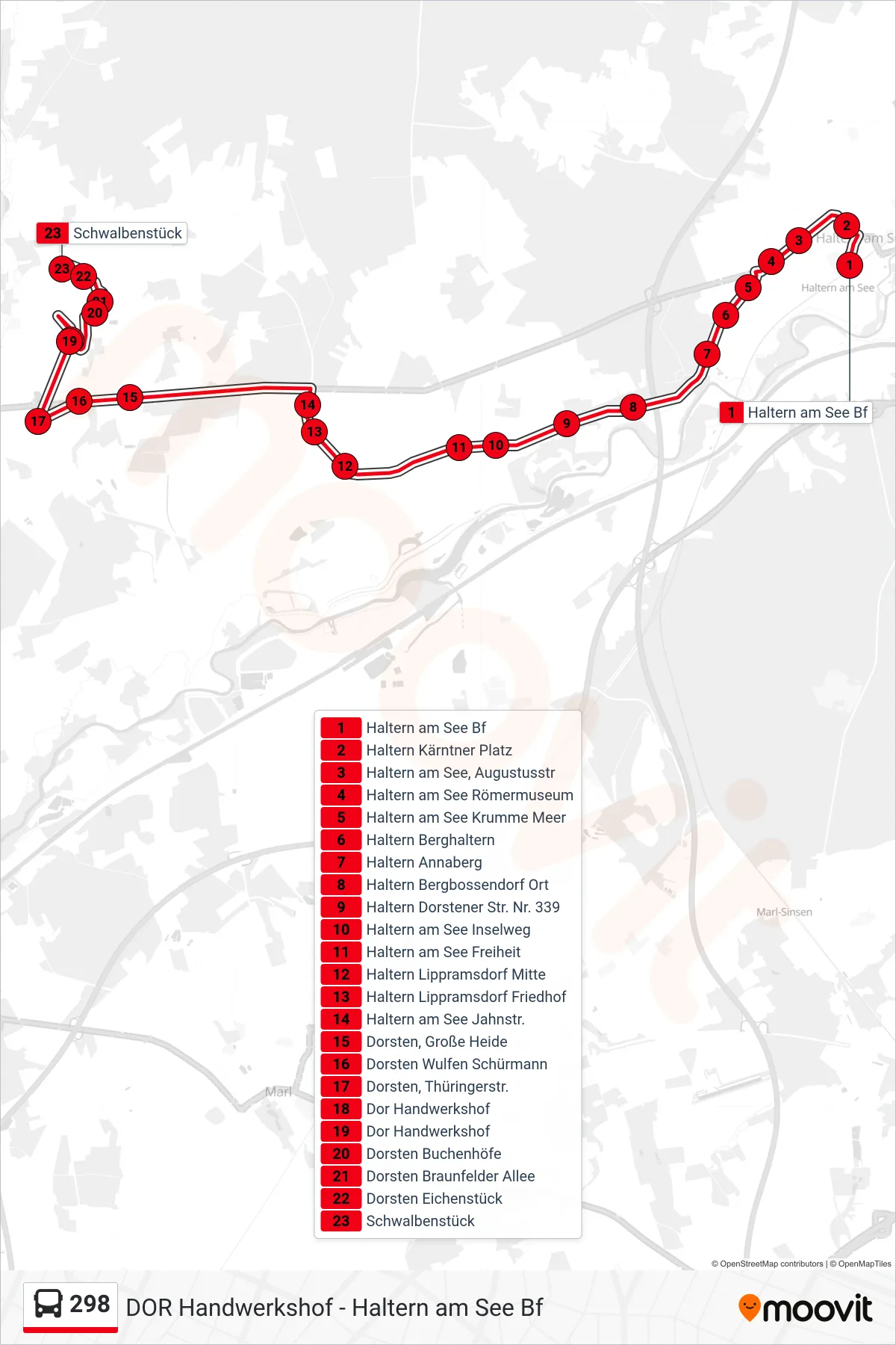 298 bus Line (Schwalbenstück) route and stops on a map