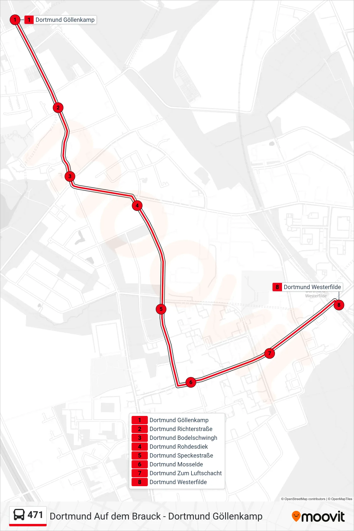 471 bus Line (Dortmund Westerfilde) route and stops on a map