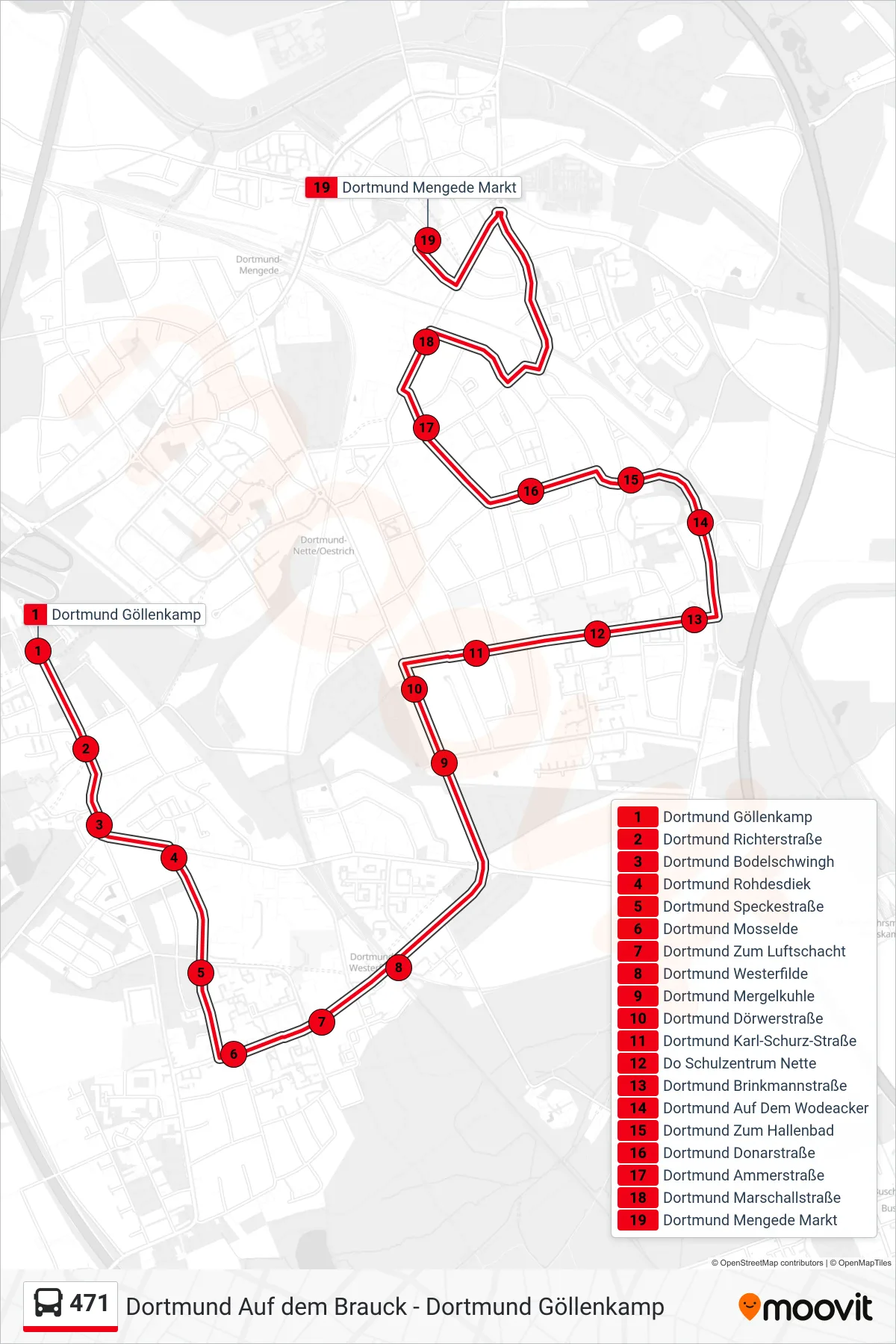 Linie 471 (Bus) Richtung Dortmund Mengede Markt: Route und Haltestellen auf der Karte