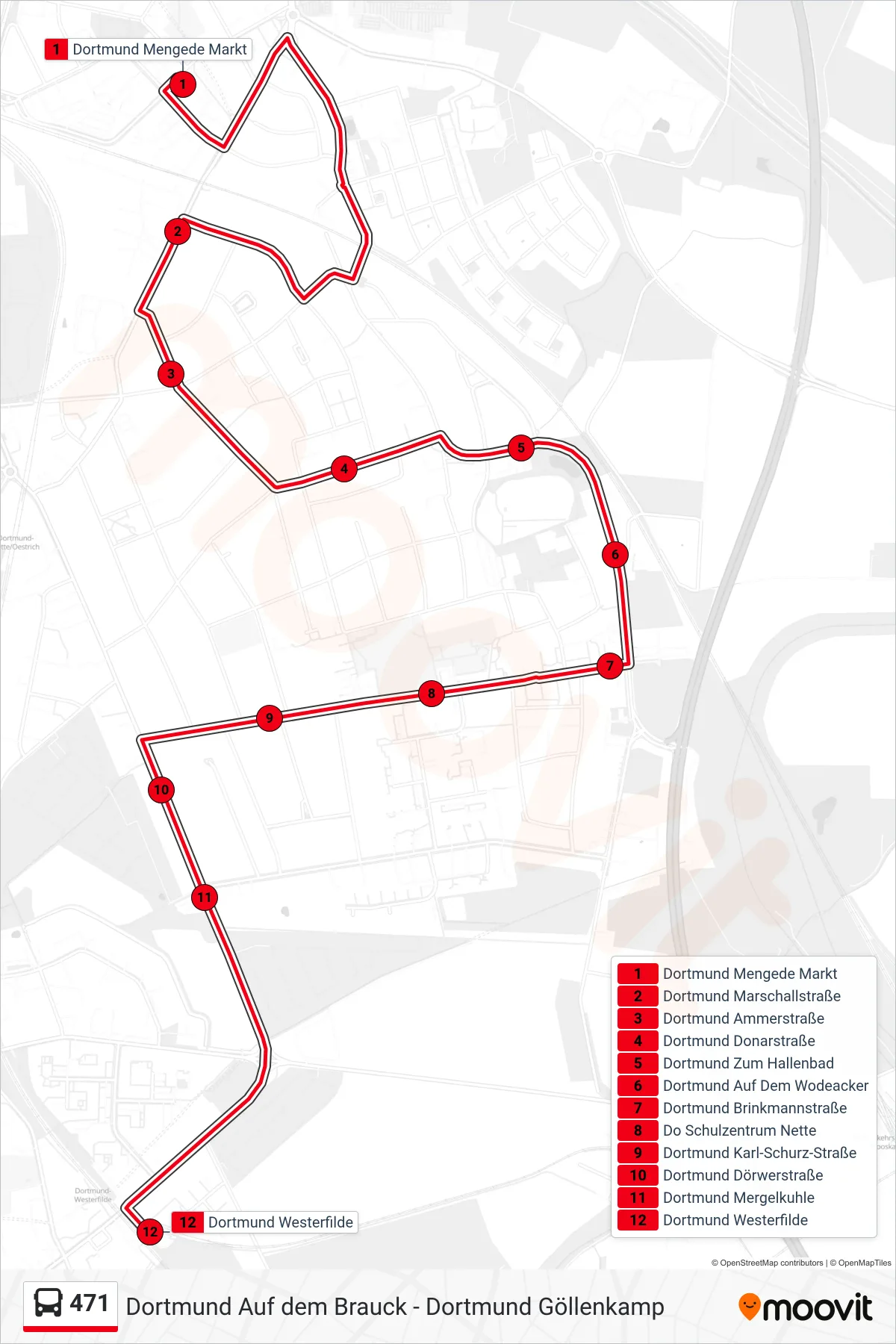 471 bus Line (Dortmund Westerfilde) route and stops on a map