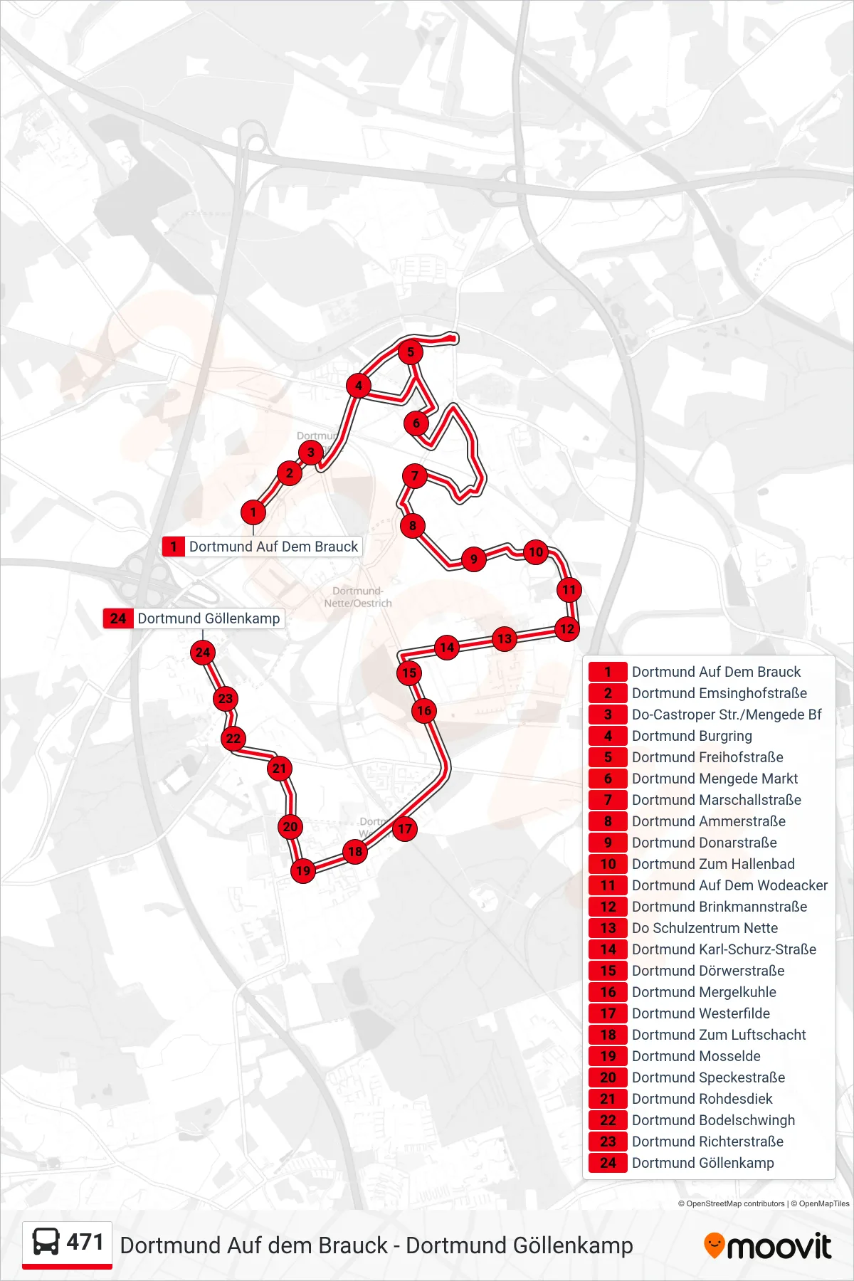 Linie 471 (Bus) Richtung Dortmund Göllenkamp: Route und Haltestellen auf der Karte