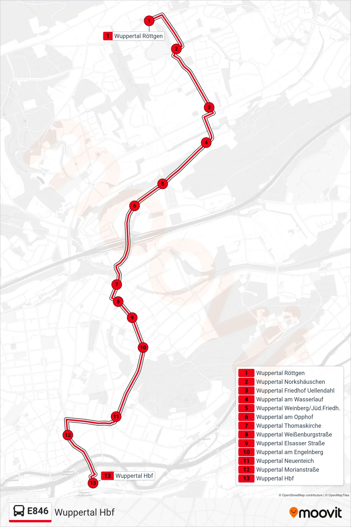 Linie E846 (Bus) Richtung Wuppertal Hbf: Route und Haltestellen auf der Karte