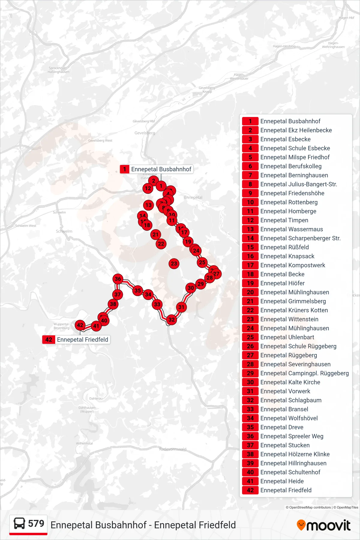 Linie 579 (Bus) Richtung Ennepetal Friedfeld: Route und Haltestellen auf der Karte