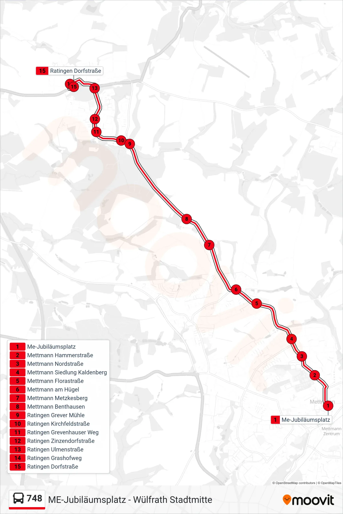 748 bus Line (Ratingen Dorfstraße) route and stops on a map