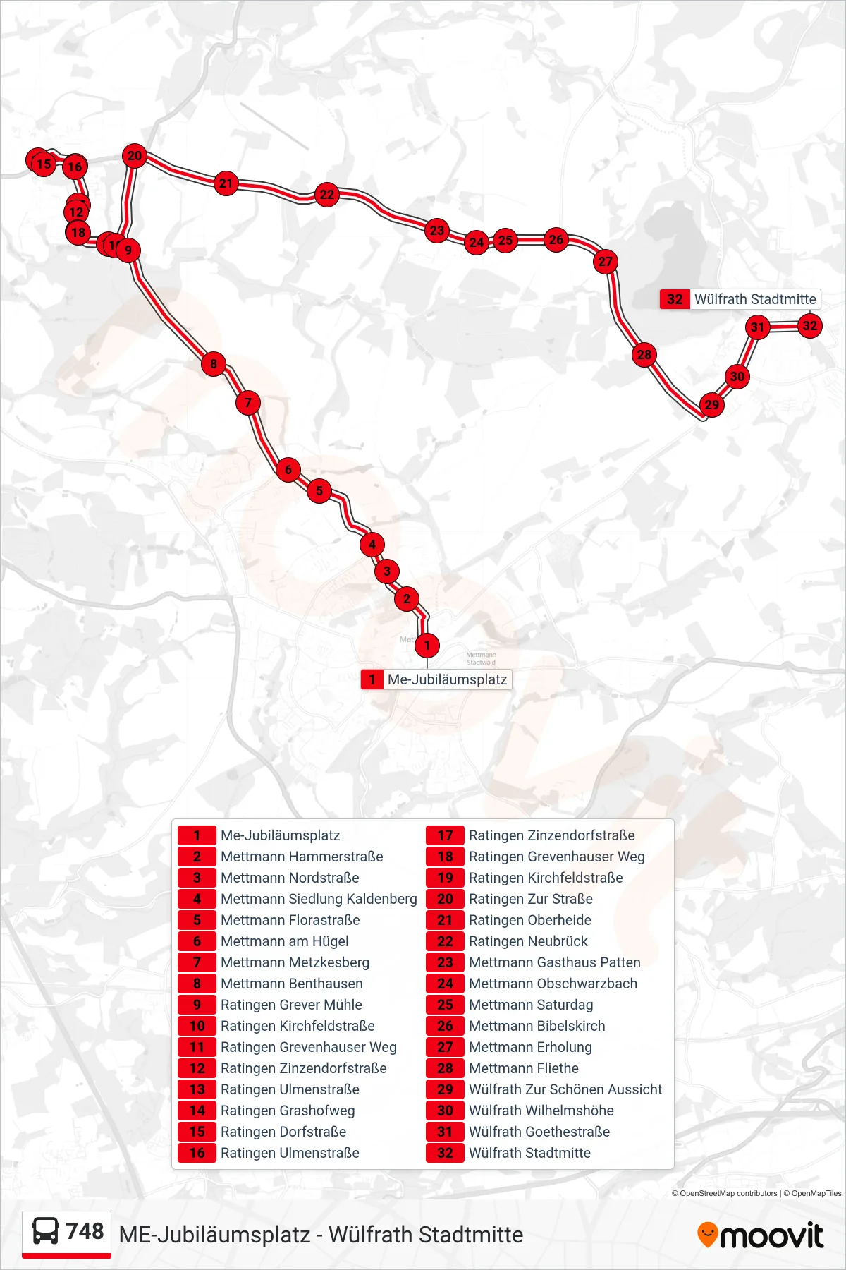 Linie 748 (Bus) Richtung Wülfrath Stadtmitte: Route und Haltestellen auf der Karte