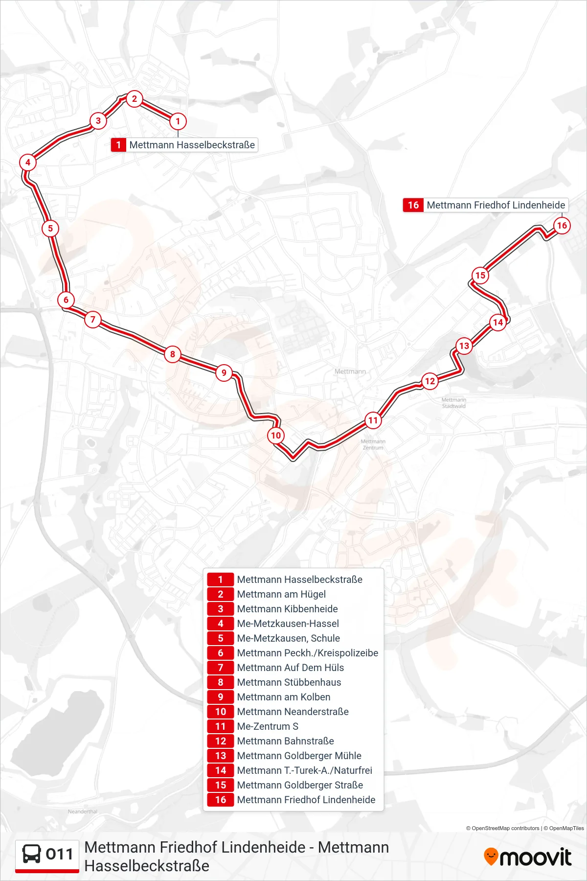 Linie O11 (Bus) Richtung Mettmann Friedhof Lindenheide: Route und Haltestellen auf der Karte