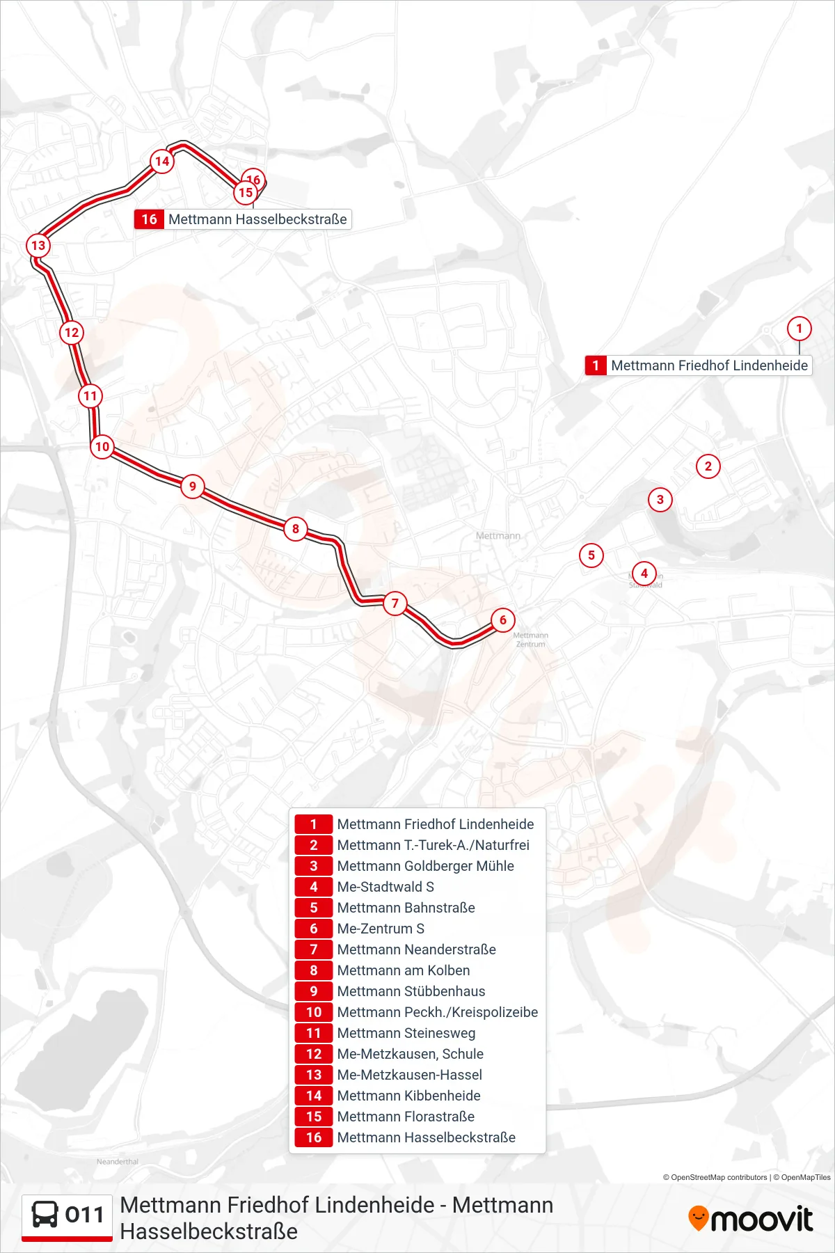 O11 bus Line (Mettmann Hasselbeckstraße) route and stops on a map