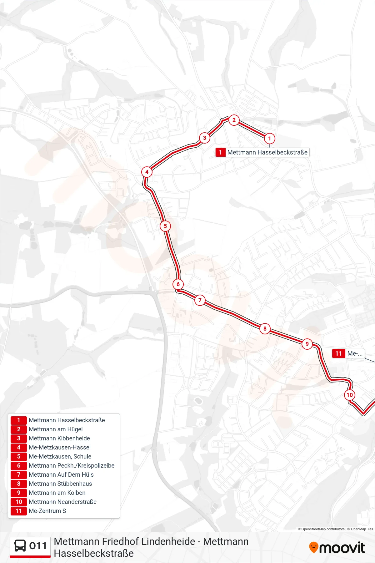 O11 bus Line (Me-Zentrum S) route and stops on a map