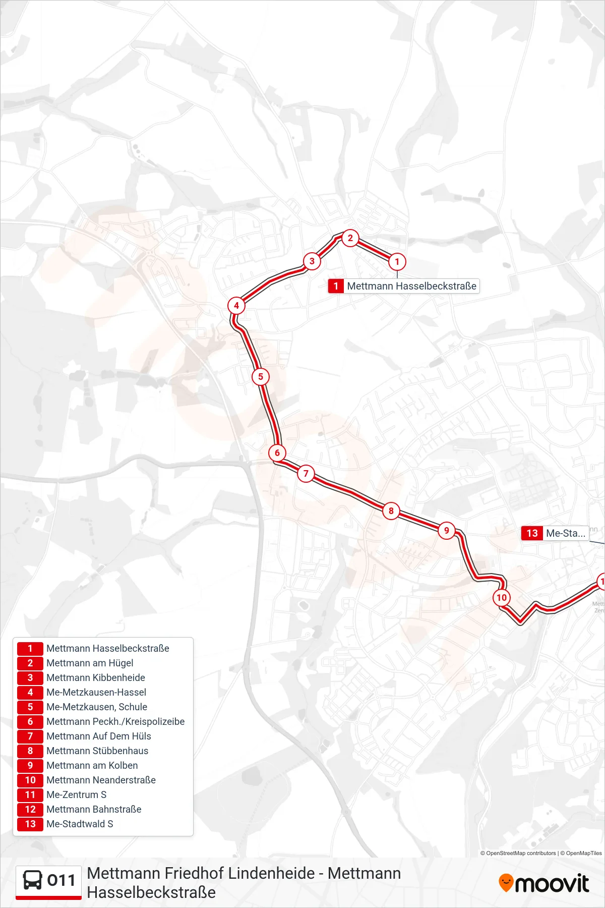 Linie O11 (Bus) Richtung Me-Stadtwald S: Route und Haltestellen auf der Karte
