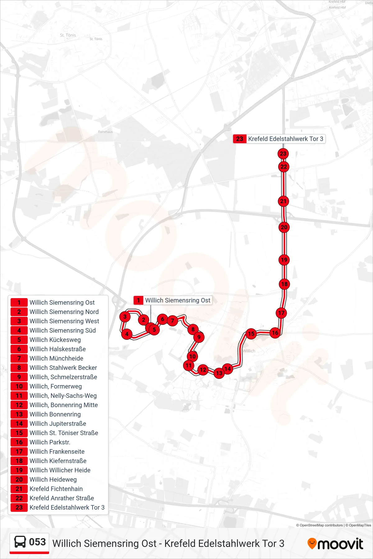 Linie 053 (Bus) Richtung Krefeld Edelstahlwerk Tor 3: Route und Haltestellen auf der Karte