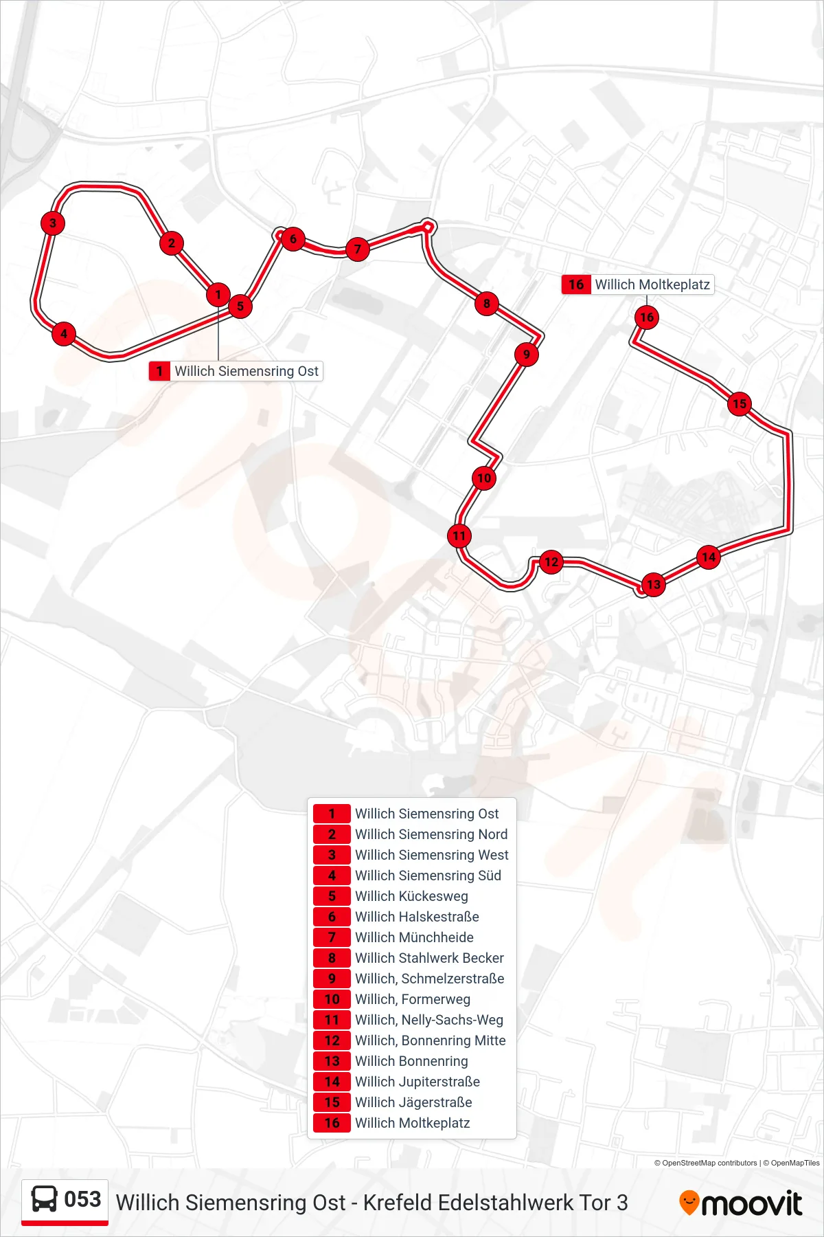 Linie 053 (Bus) Richtung Willich Moltkeplatz: Route und Haltestellen auf der Karte