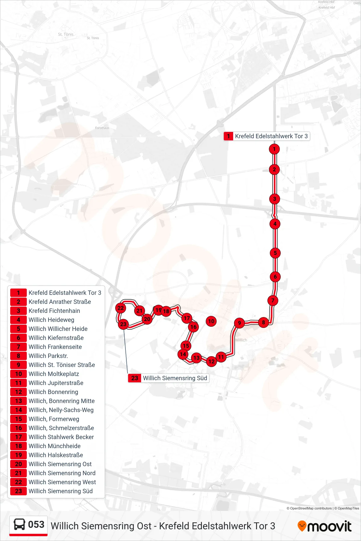 Linie 053 (Bus) Richtung Willich Siemensring Ost: Route und Haltestellen auf der Karte