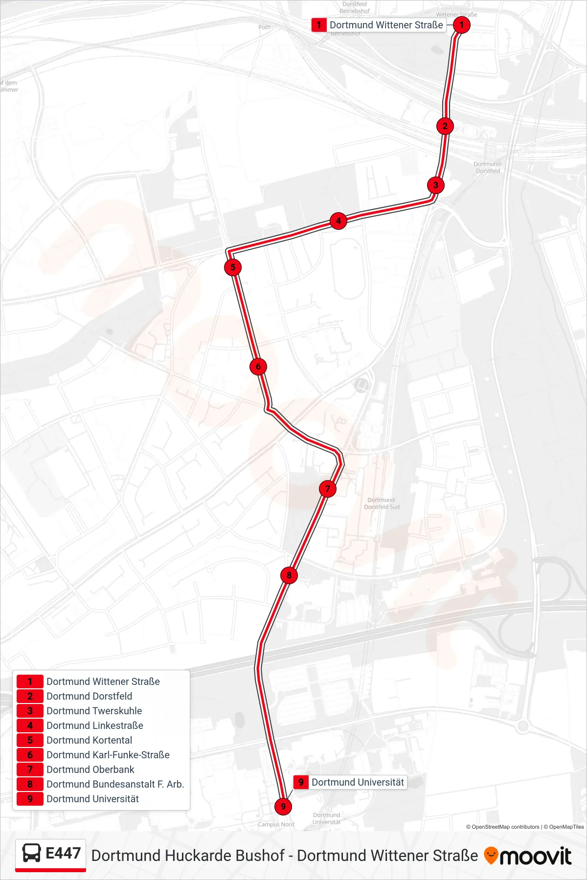 Linie E447 (Bus) Richtung Dortmund Universität: Route und Haltestellen auf der Karte