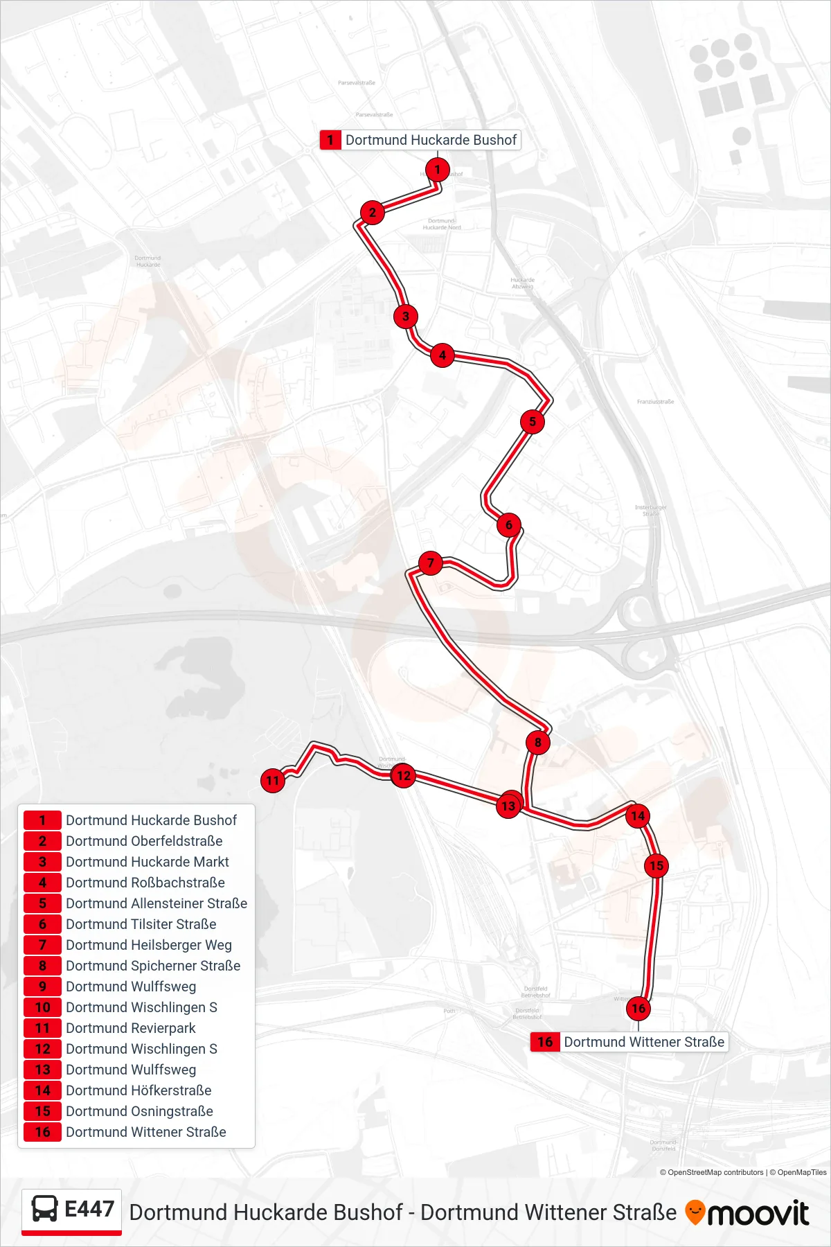 Linie E447 (Bus) Richtung Dortmund Wittener Straße: Route und Haltestellen auf der Karte