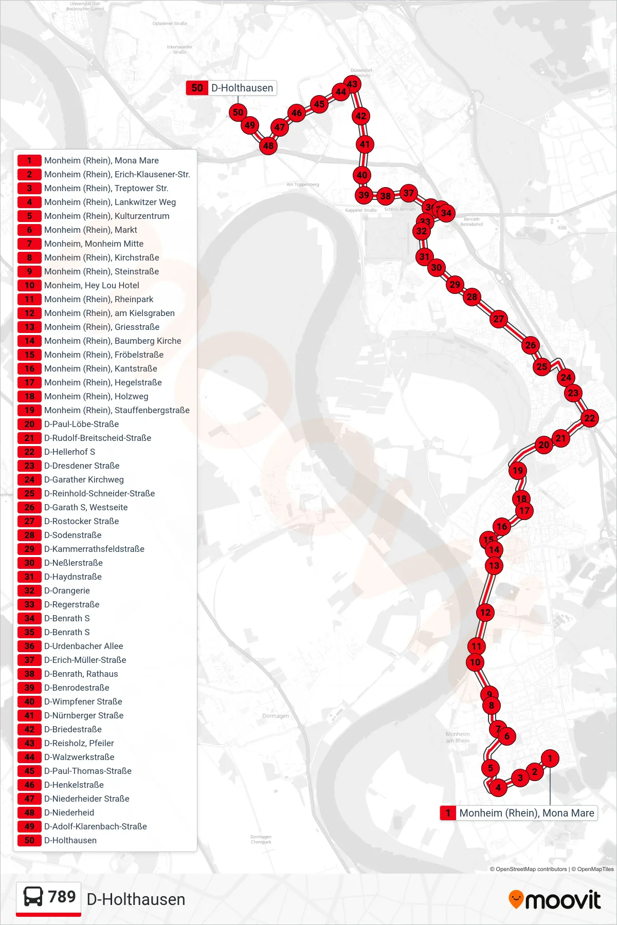789 bus Line (D-Holthausen) route and stops on a map