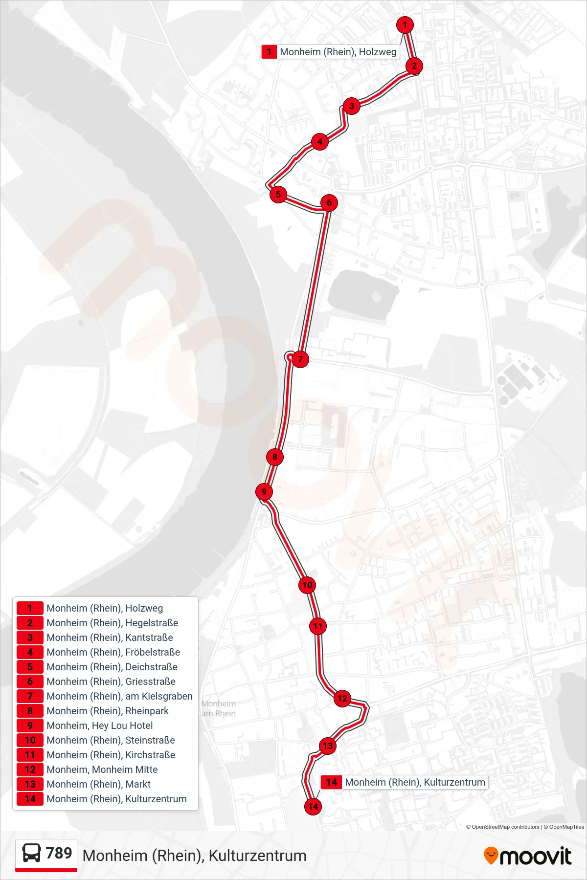 Linie 789 (Bus) Richtung Monheim (Rhein), Kulturzentrum: Route und Haltestellen auf der Karte