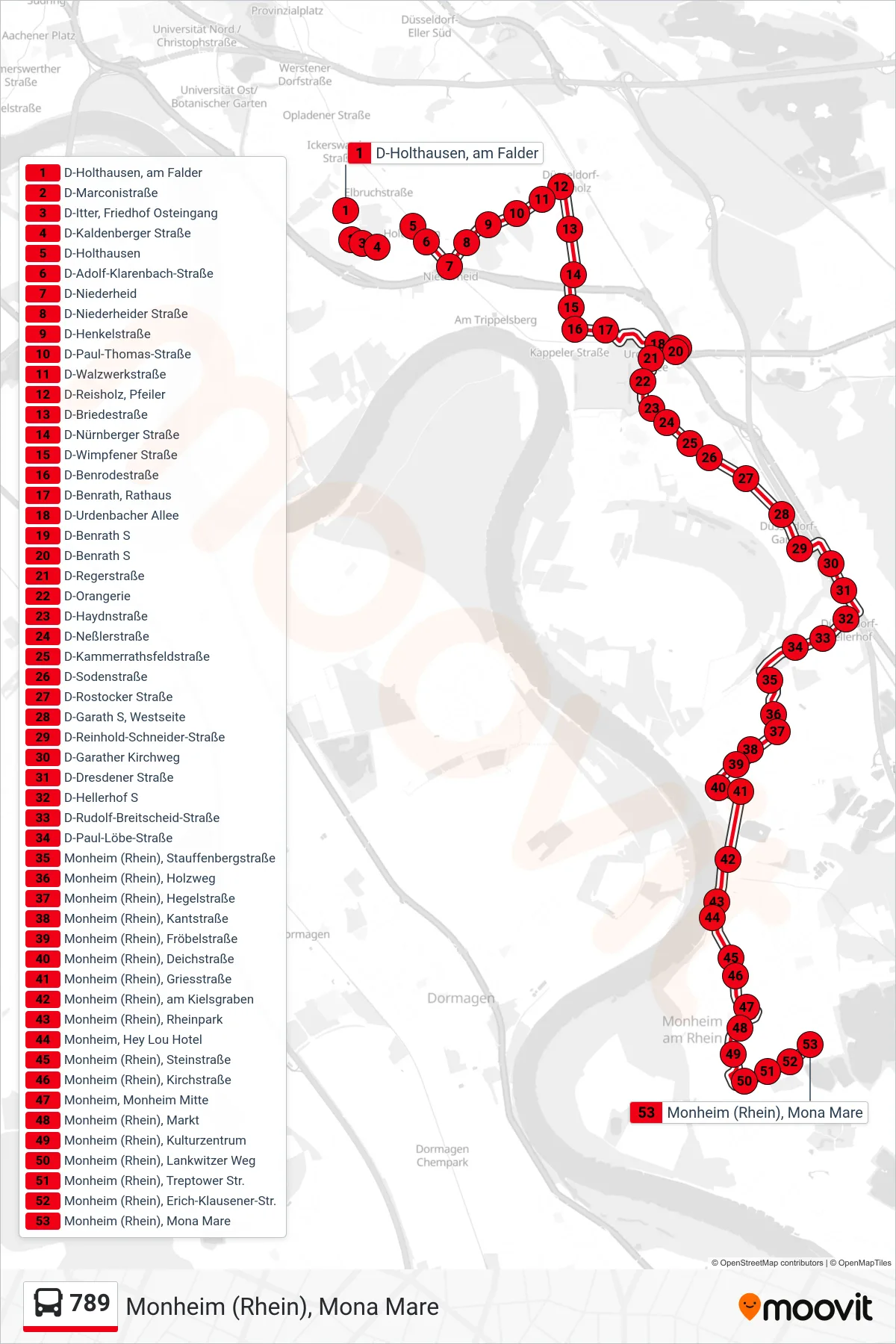 789 bus Line (Monheim (Rhein), Mona Mare) route and stops on a map