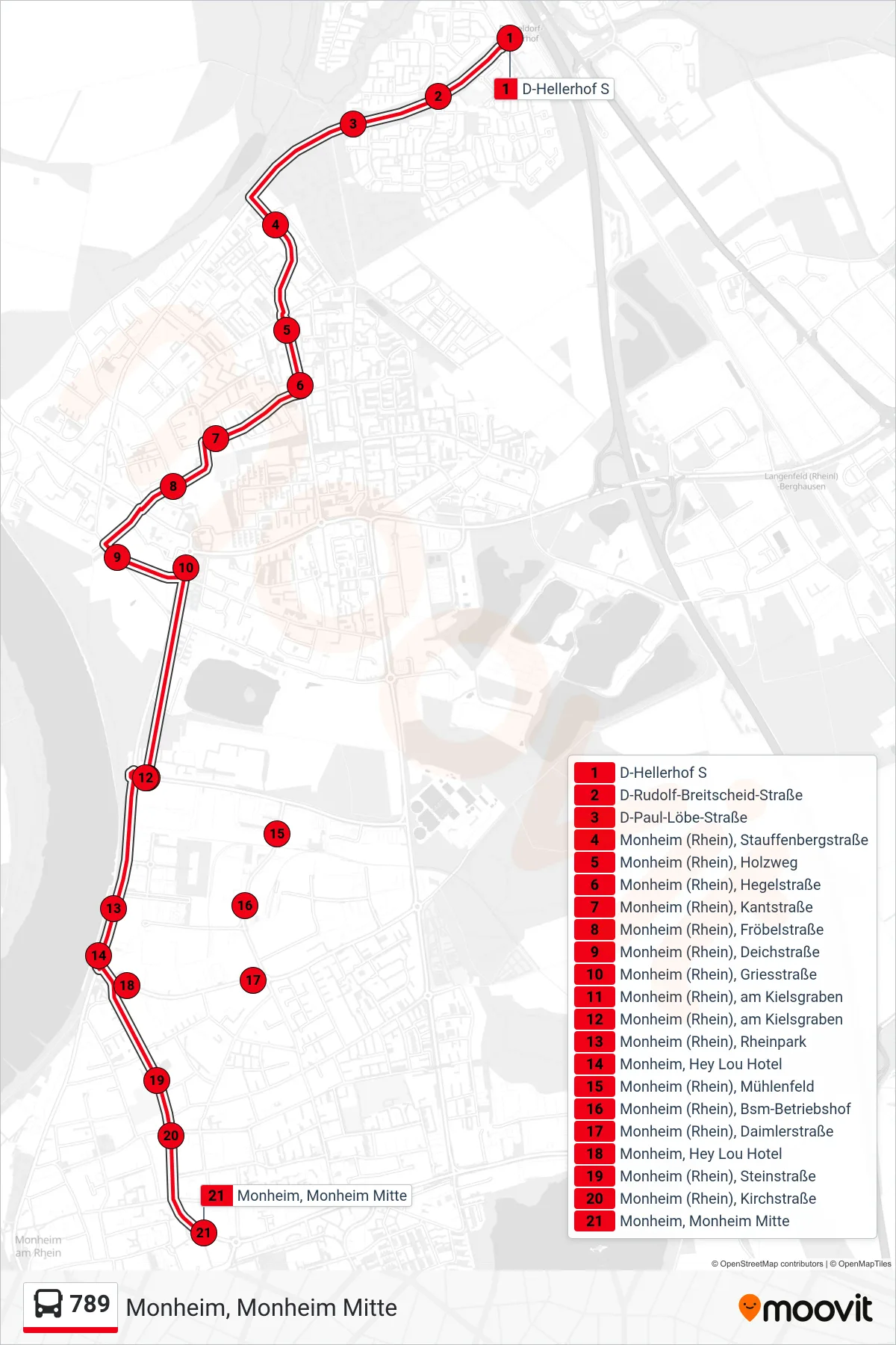 789 bus Line (Monheim, Monheim Mitte) route and stops on a map