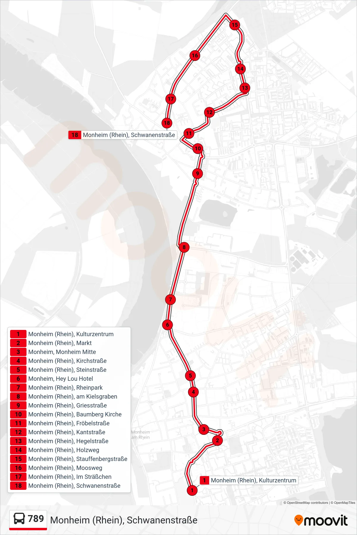 Linie 789 (Bus) Richtung Monheim (Rhein), Schwanenstraße: Route und Haltestellen auf der Karte