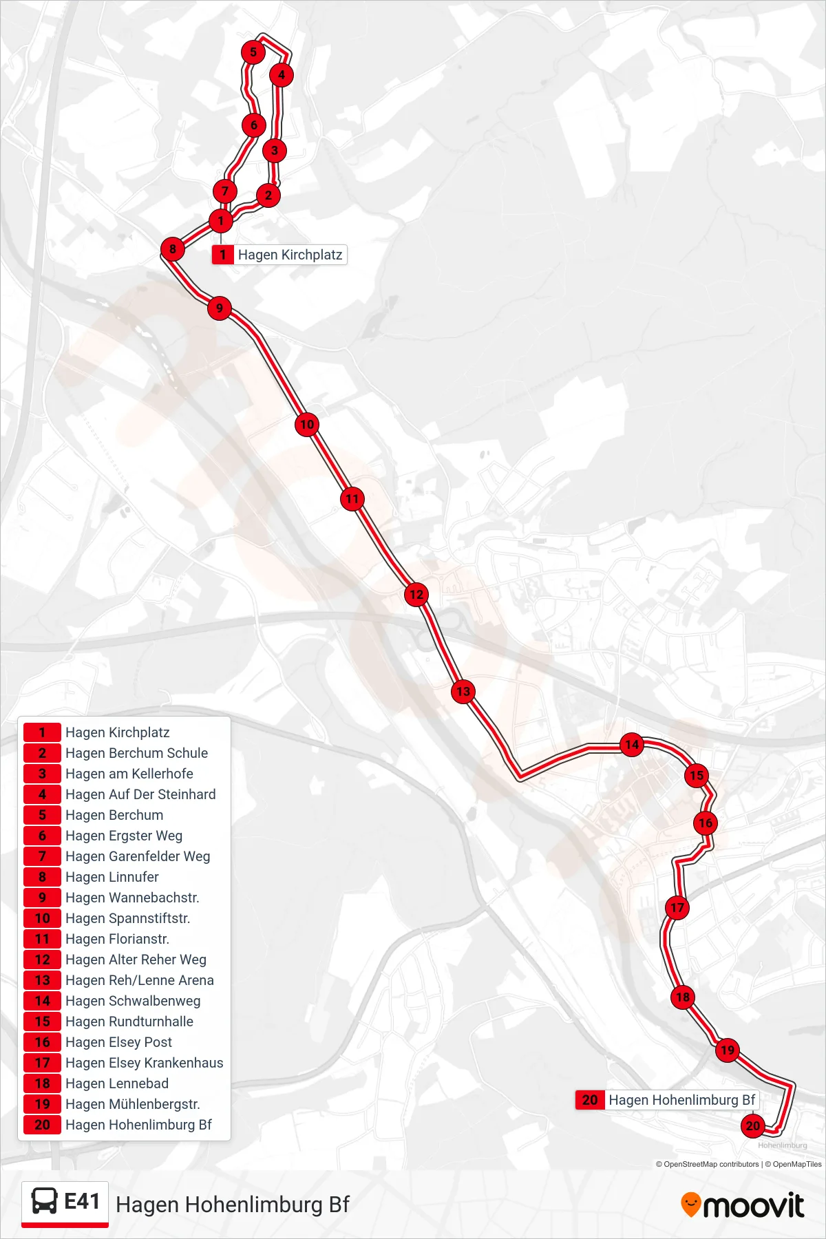 Linie E41 (Bus) Richtung Hagen Hohenlimburg Bf: Route und Haltestellen auf der Karte