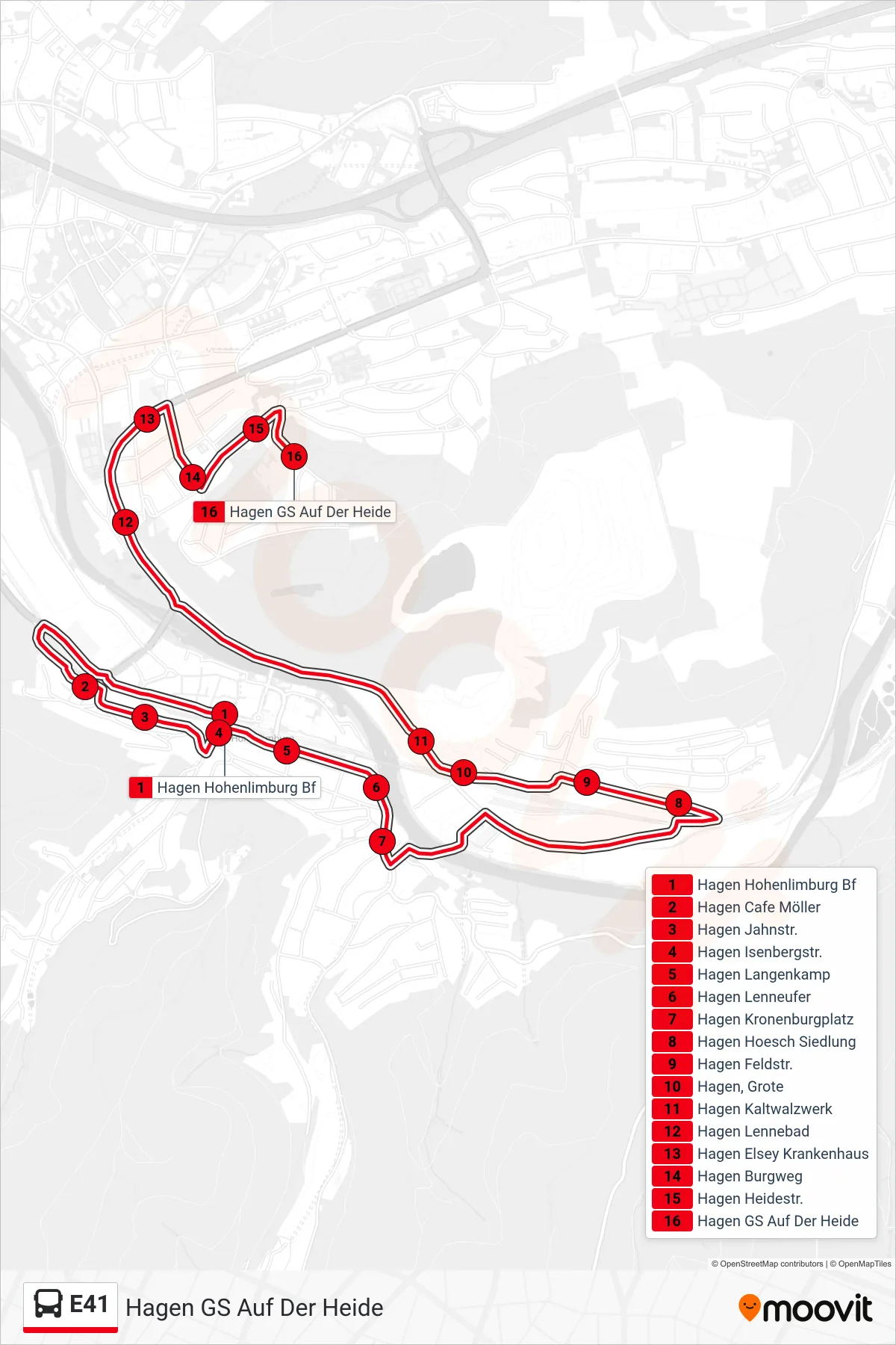 Linie E41 (Bus) Richtung Hagen GS Auf Der Heide: Route und Haltestellen auf der Karte
