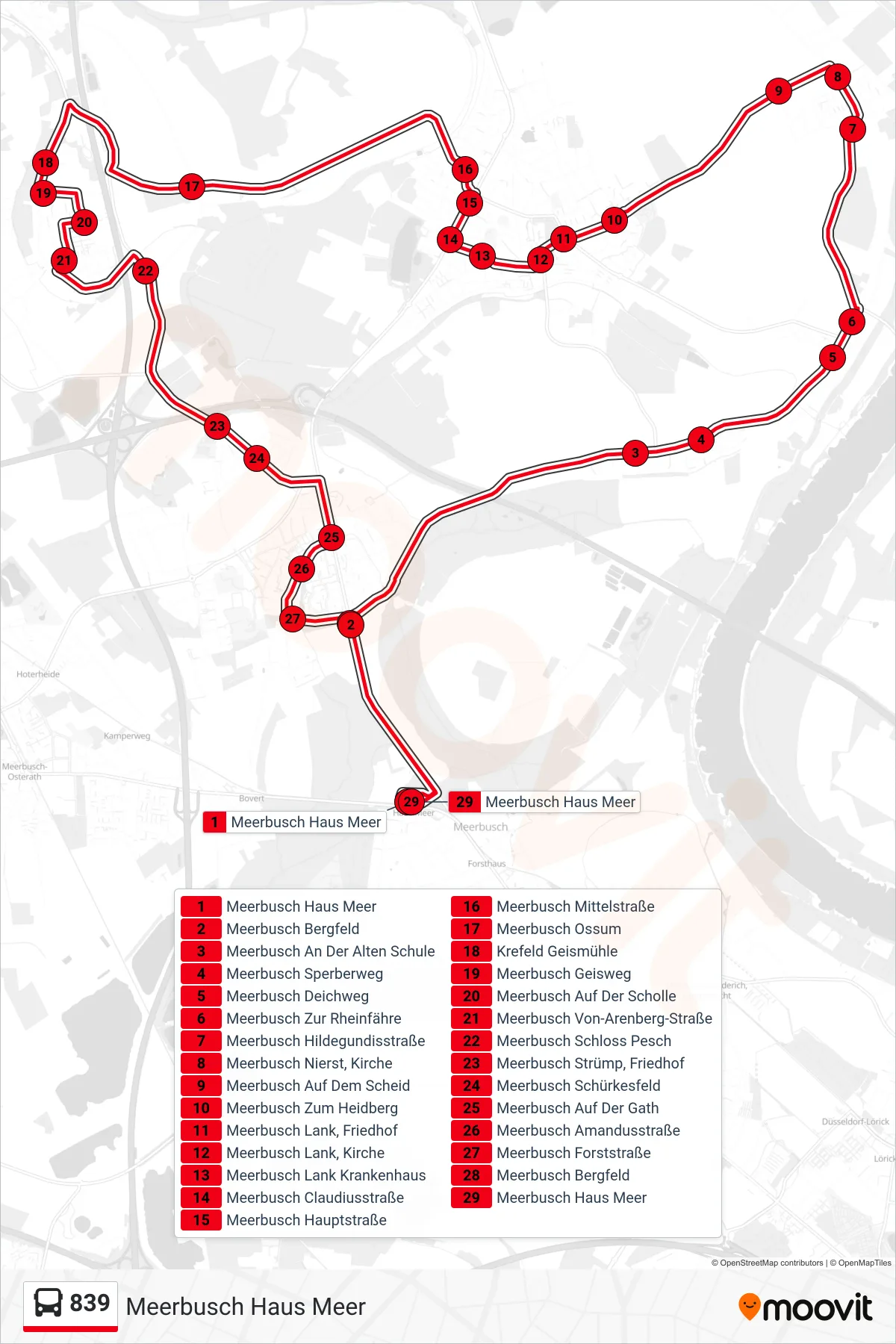 839 bus Line (Meerbusch Haus Meer) route and stops on a map